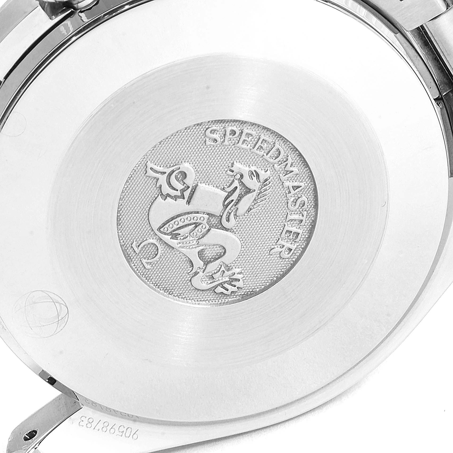 The image shows the back case of an Omega Speedmaster 3539.50.00 Men
s Stainless Steel Black Dial 3539.50.00 Men
s Stainless Steel Black Dial watch, featuring its engraved logo and model name.