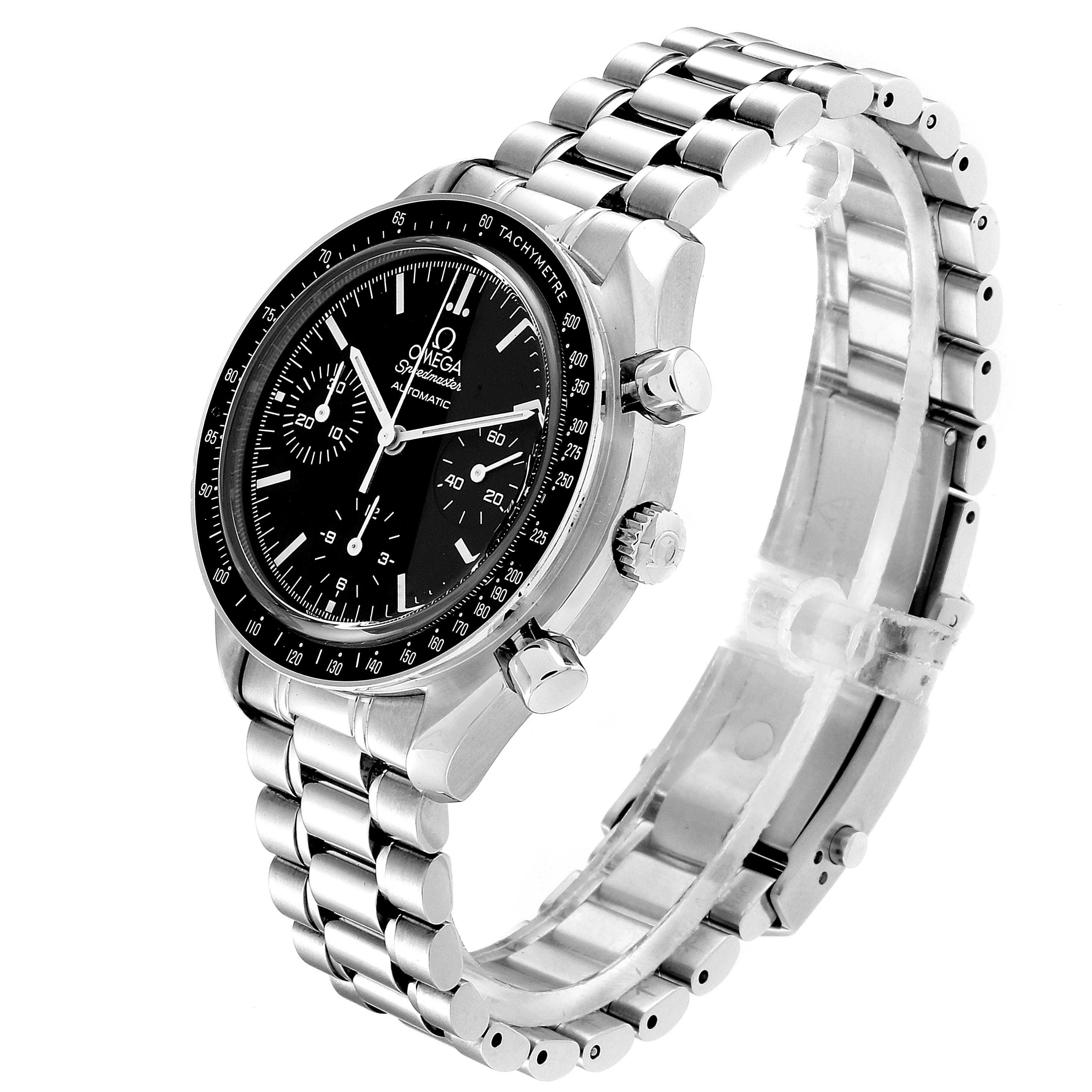 The Omega Speedmaster 3539.50.00 Men
s Stainless Steel Black Dial 3539.50.00 Men
s Stainless Steel Black Dial watch is shown at a slight angle, highlighting its dial, pushers, crown, and metal bracelet.