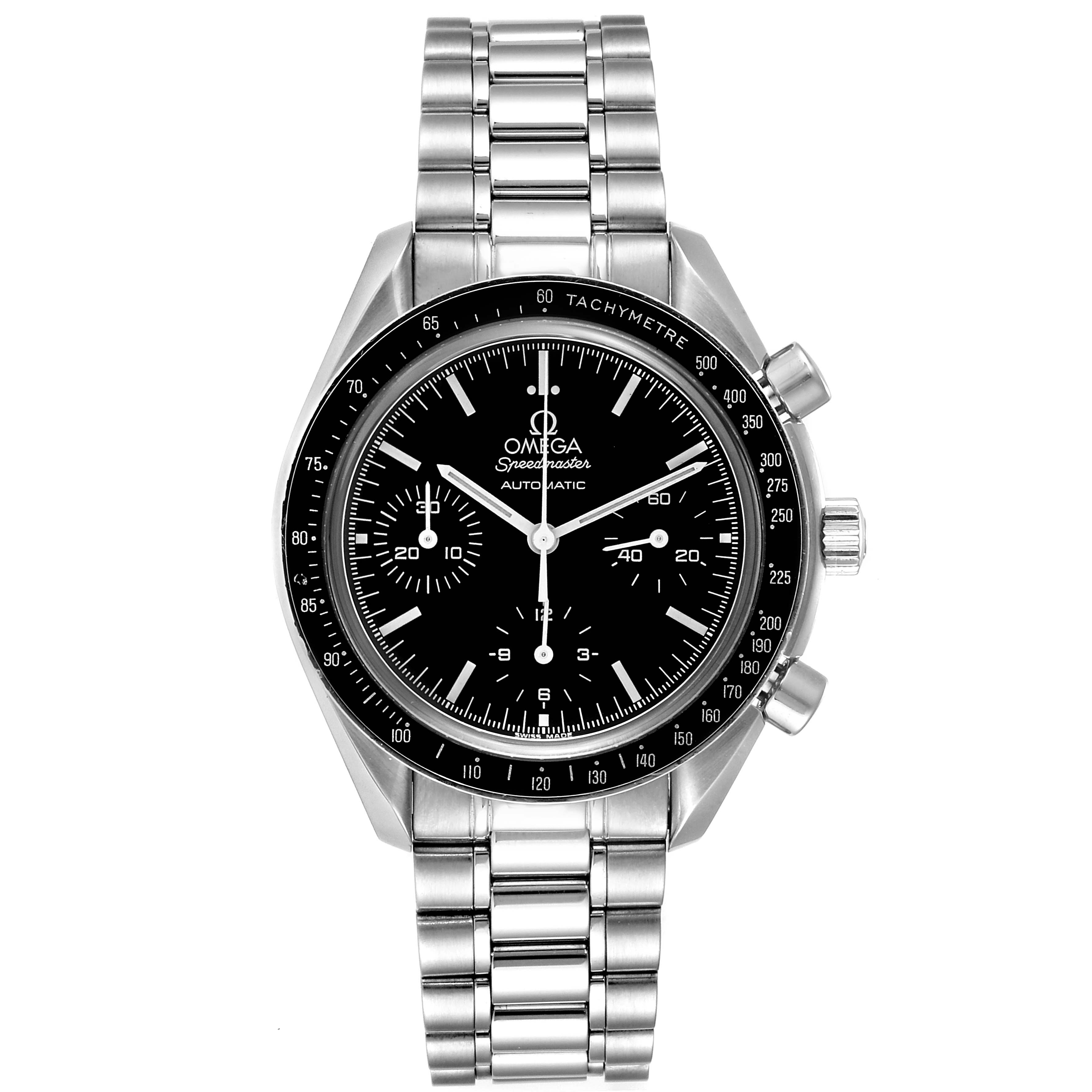 The image shows a frontal view of the Omega Speedmaster 3539.50.00 Men
s Stainless Steel Black Dial 3539.50.00 Men
s Stainless Steel Black Dial watch, displaying its dial, bracelet, and pushers clearly.