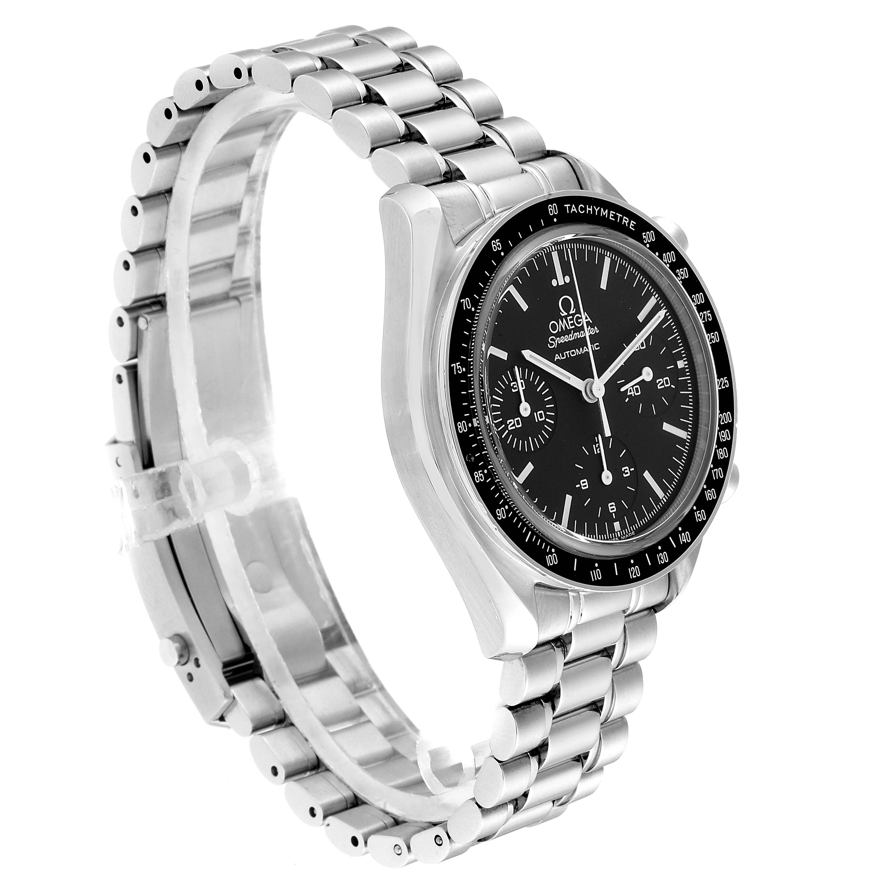 The Omega Speedmaster 3539.50.00 Men
s Stainless Steel Black Dial 3539.50.00 Men
s Stainless Steel Black Dial watch is shown at a slight side angle, highlighting its metal bracelet and black tachymeter bezel.