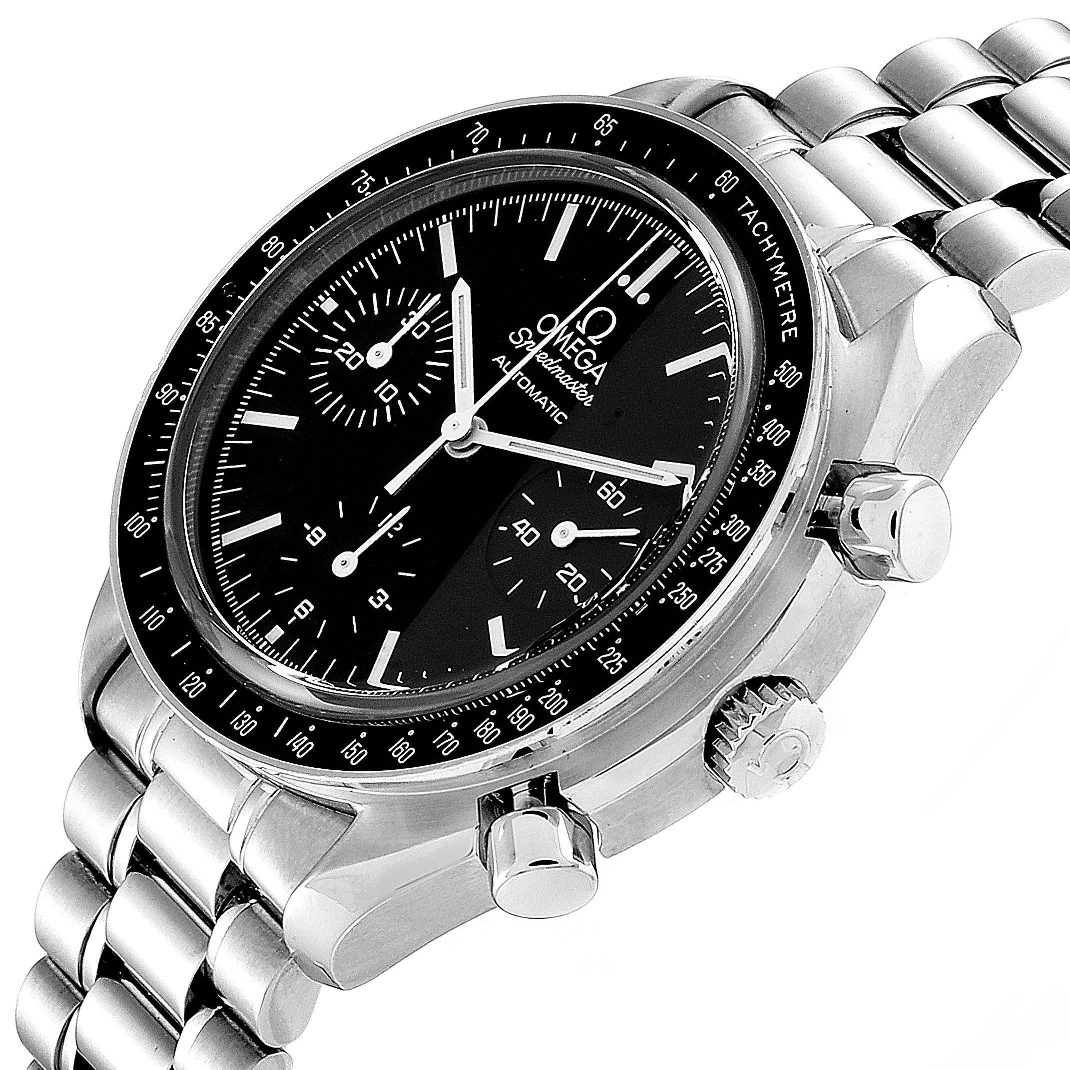 The image shows a side view of the Omega Speedmaster 3539.50.00 Men
s Stainless Steel Black Dial 3539.50.00 Men
s Stainless Steel Black Dial watch featuring its face, bezel, crown, and part of the stainless steel bracelet.