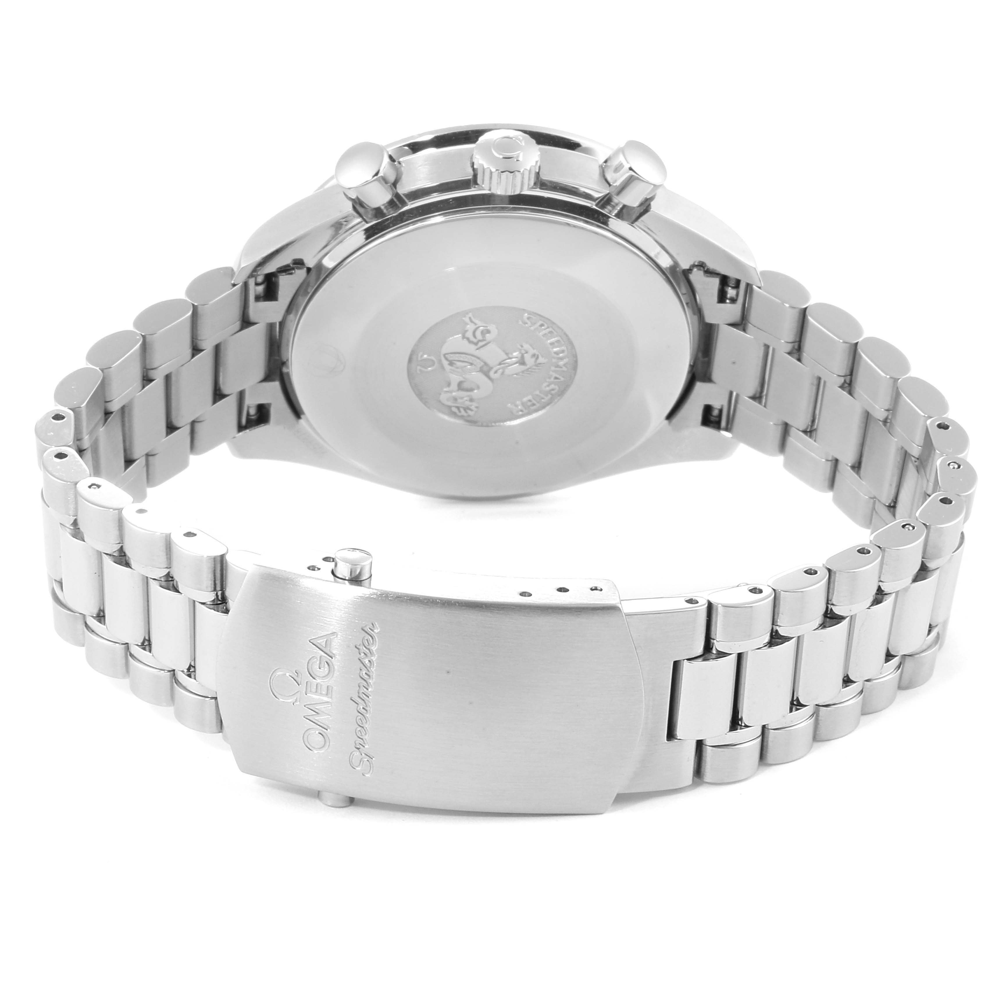 This image shows the backside and clasp of an Omega Speedmaster 3539.50.00 Men
s Stainless Steel Black Dial 3539.50.00 Men
s Stainless Steel Black Dial watch, highlighting the bracelet and engraved details.