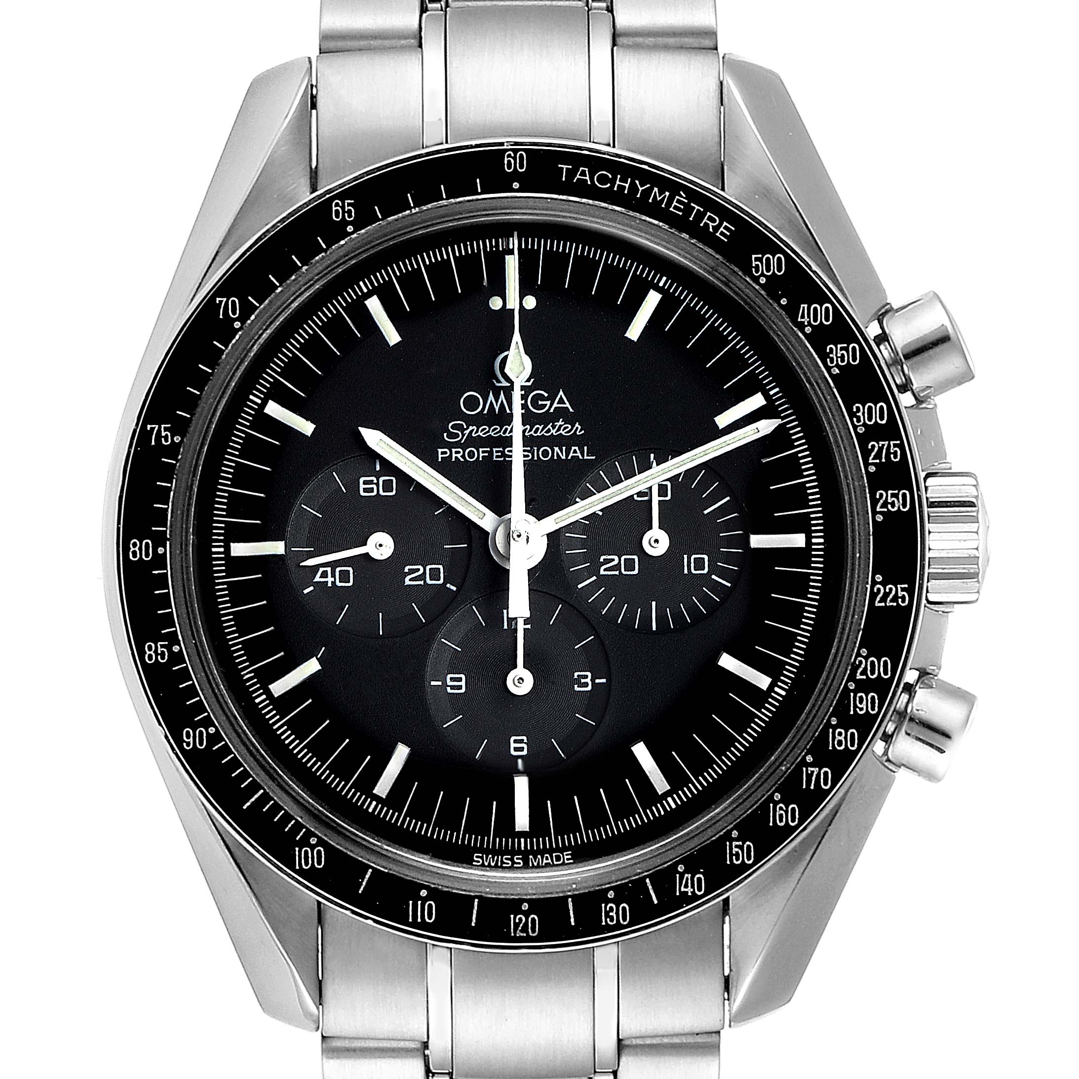 This image shows a front view of an Omega Speedmaster 3570.50.00 Men
s Stainless Steel Black Dial 3570.50.00 Men
s Stainless Steel Black Dial watch, highlighting its dial, bezel, and stainless steel bracelet.