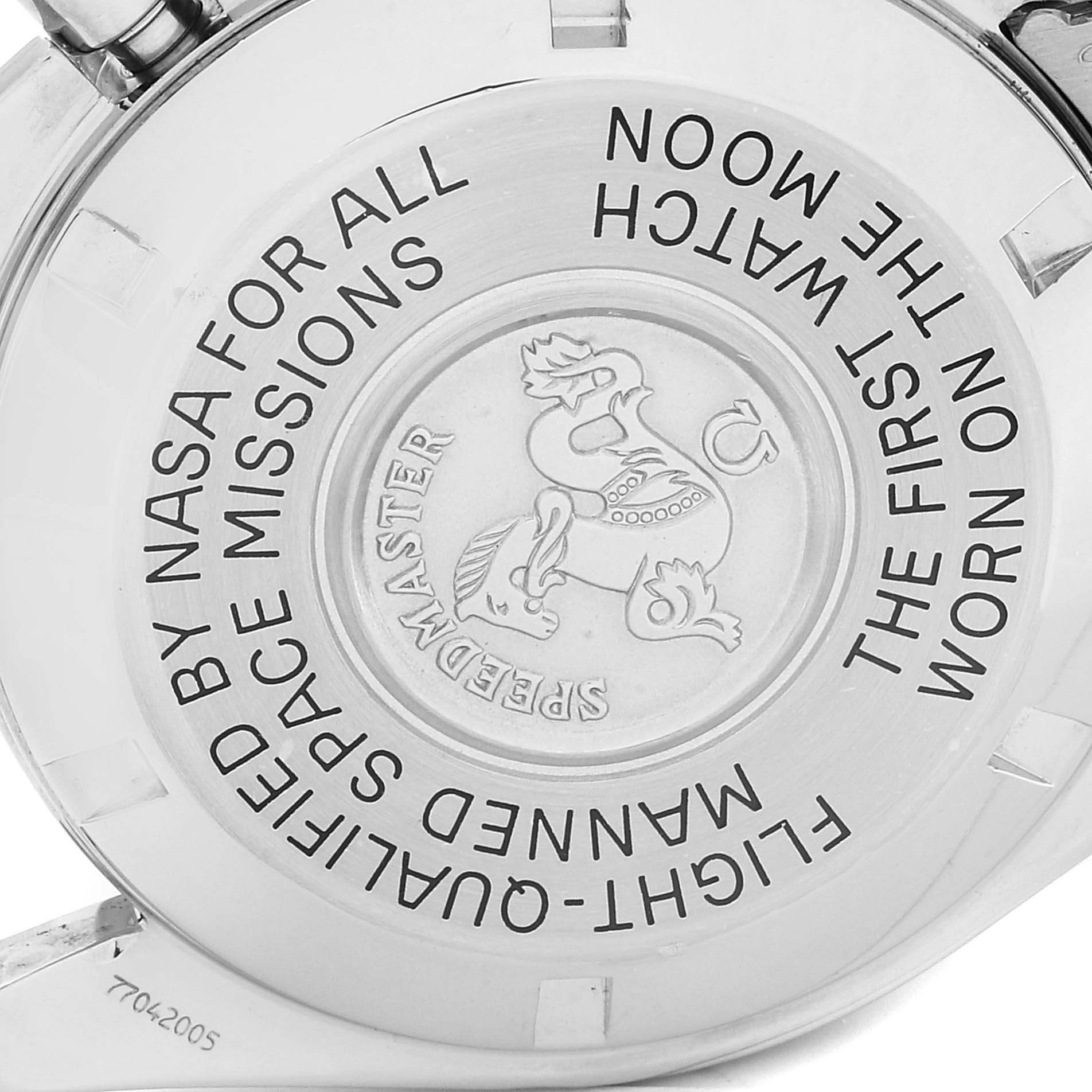 The image shows the engraved case back of the Omega Speedmaster 3570.50.00 Men
s Stainless Steel Black Dial 3570.50.00 Men
s Stainless Steel Black Dial watch.