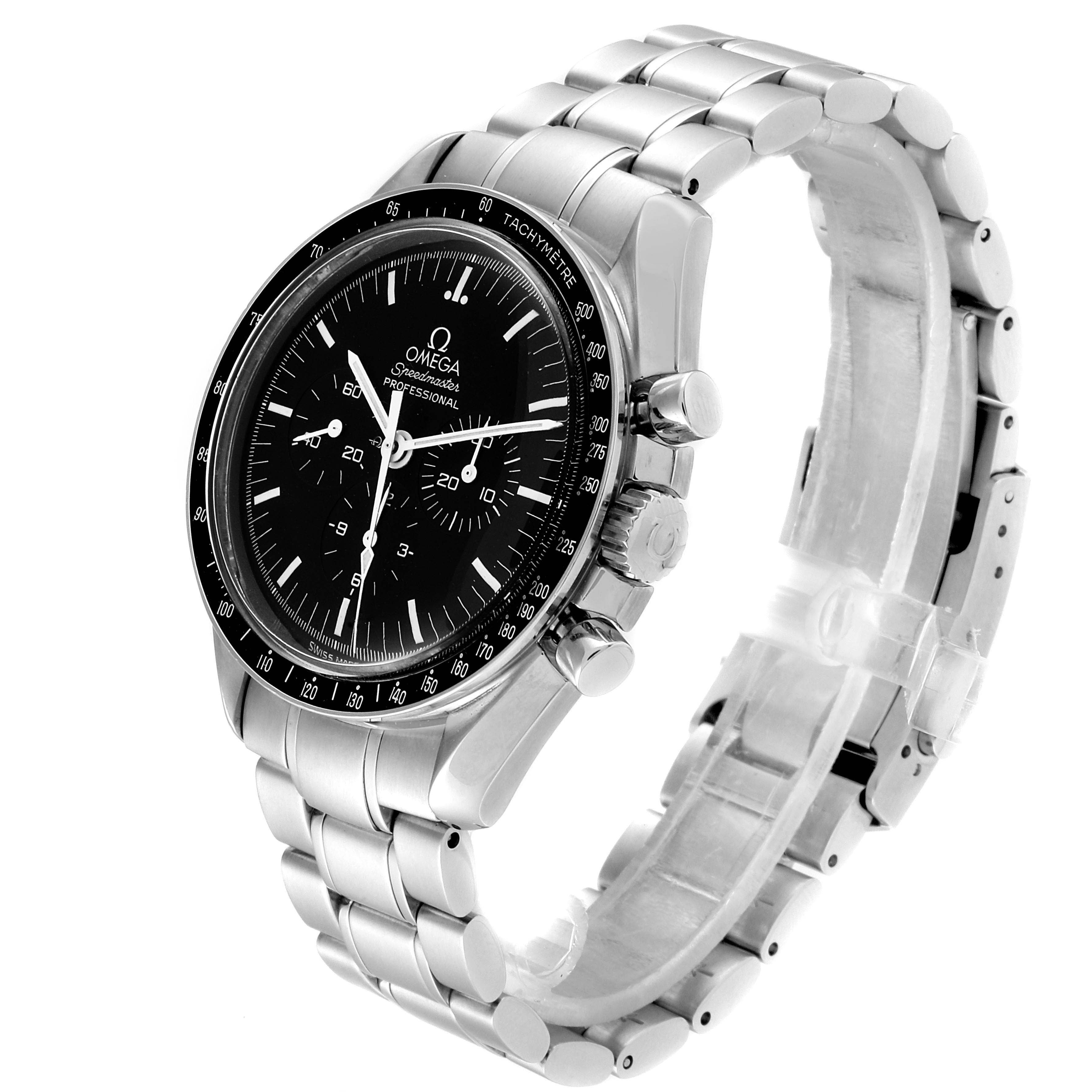 The Omega Speedmaster 3570.50.00 Men
s Stainless Steel Black Dial 3570.50.00 Men
s Stainless Steel Black Dial watch is shown at a three-quarter angle, displaying its face, bezel, case, and stainless steel bracelet.