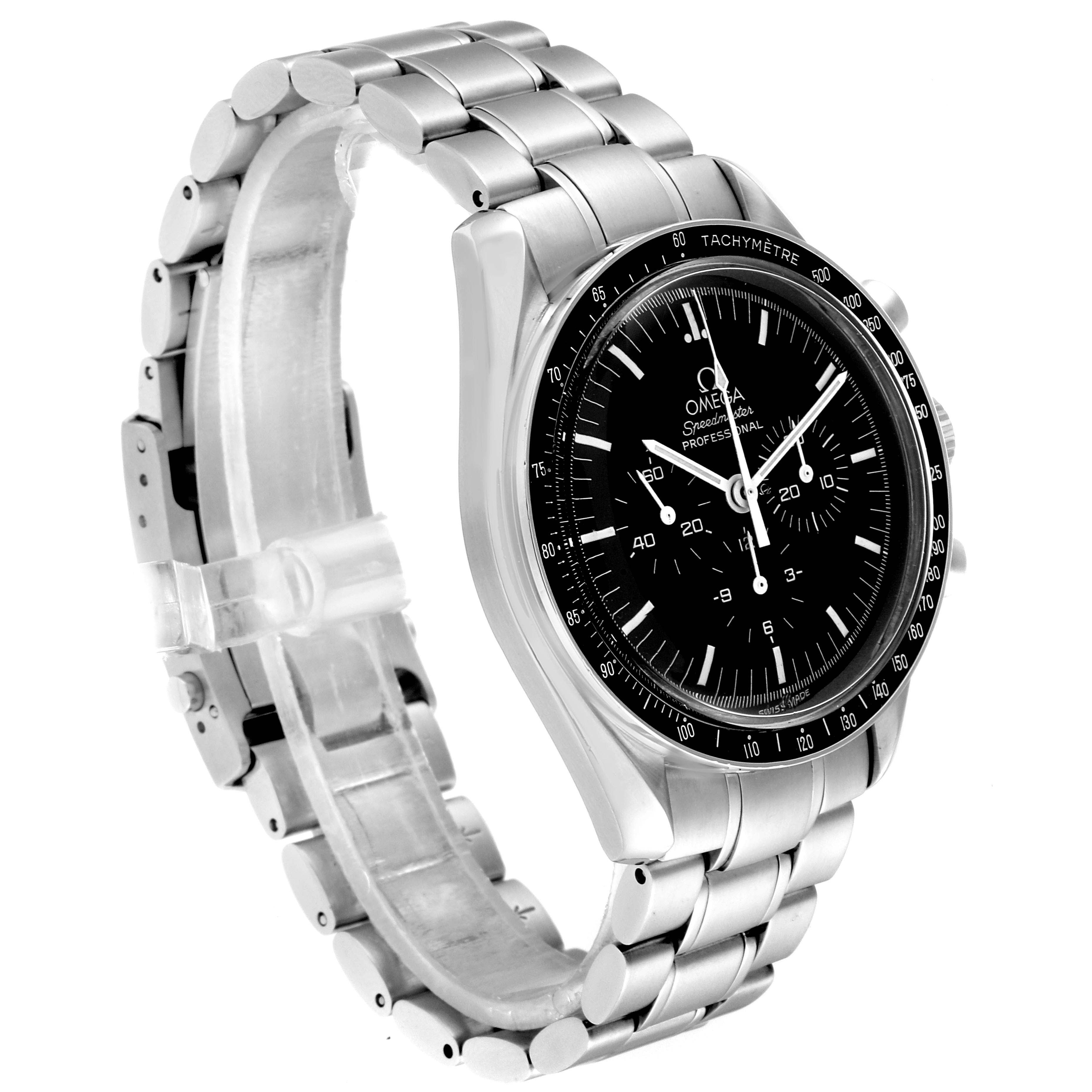The image shows an Omega Speedmaster 3570.50.00 Men
s Stainless Steel Black Dial 3570.50.00 Men
s Stainless Steel Black Dial watch, angled to display its face, bezel, crown, and stainless steel bracelet.