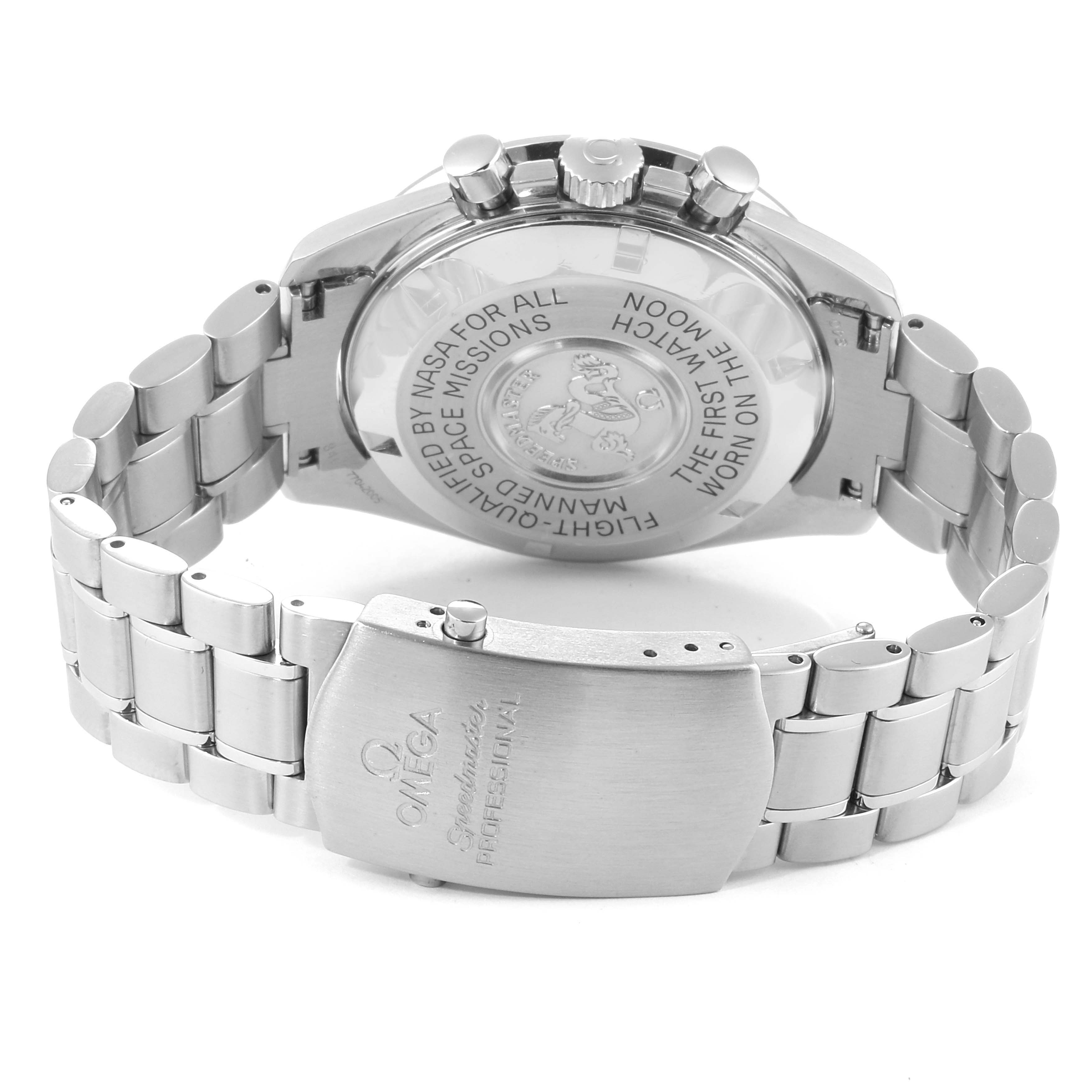 This image shows the back and bracelet of an Omega Speedmaster 3570.50.00 Men
s Stainless Steel Black Dial 3570.50.00 Men
s Stainless Steel Black Dial, featuring its engraved case back and stainless steel clasp.