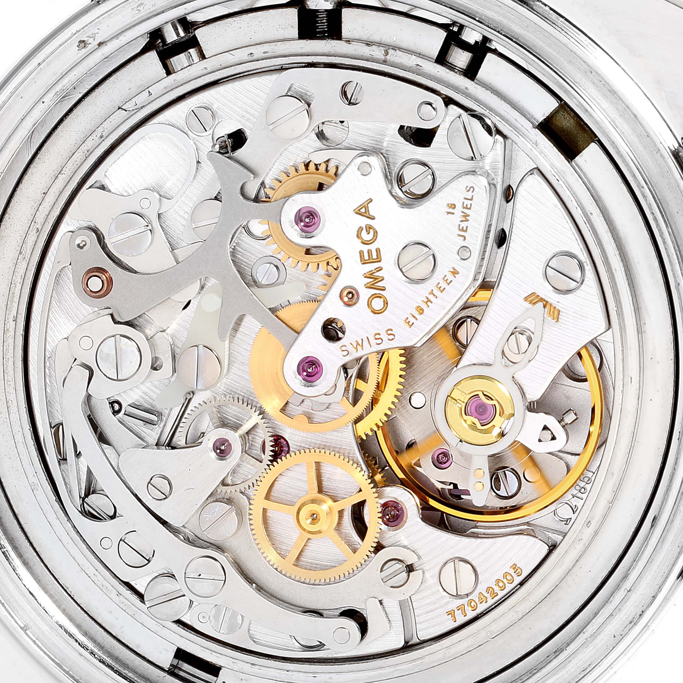 This close-up image shows the intricate inner mechanisms of the Omega Speedmaster 3570.50.00 Men
s Stainless Steel Black Dial 3570.50.00 Men
s Stainless Steel Black Dial watch from a rear angle.