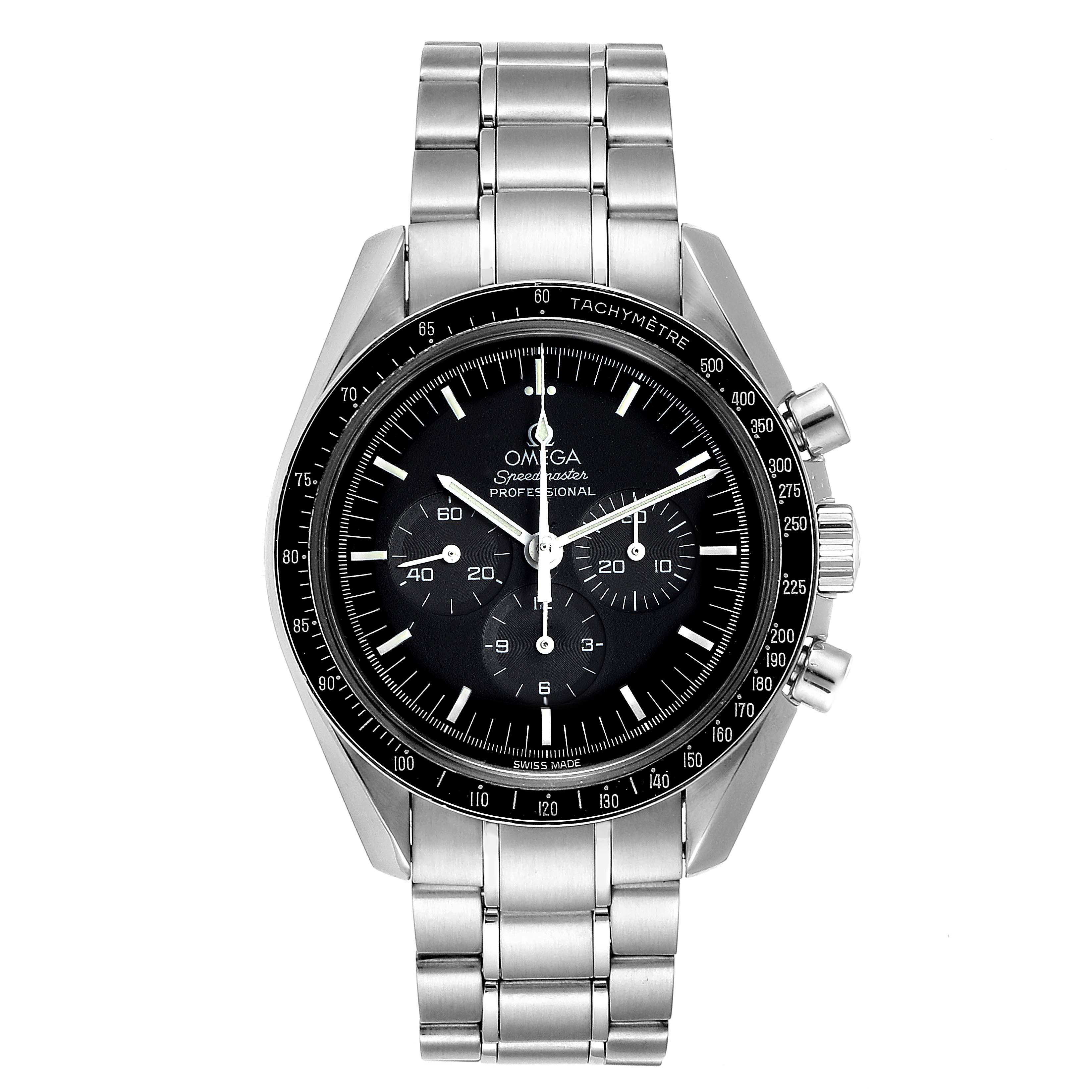 The image shows a front view of the Omega Speedmaster 3570.50.00 Men
s Stainless Steel Black Dial 3570.50.00 Men
s Stainless Steel Black Dial watch with a metal bracelet and chronograph dials.