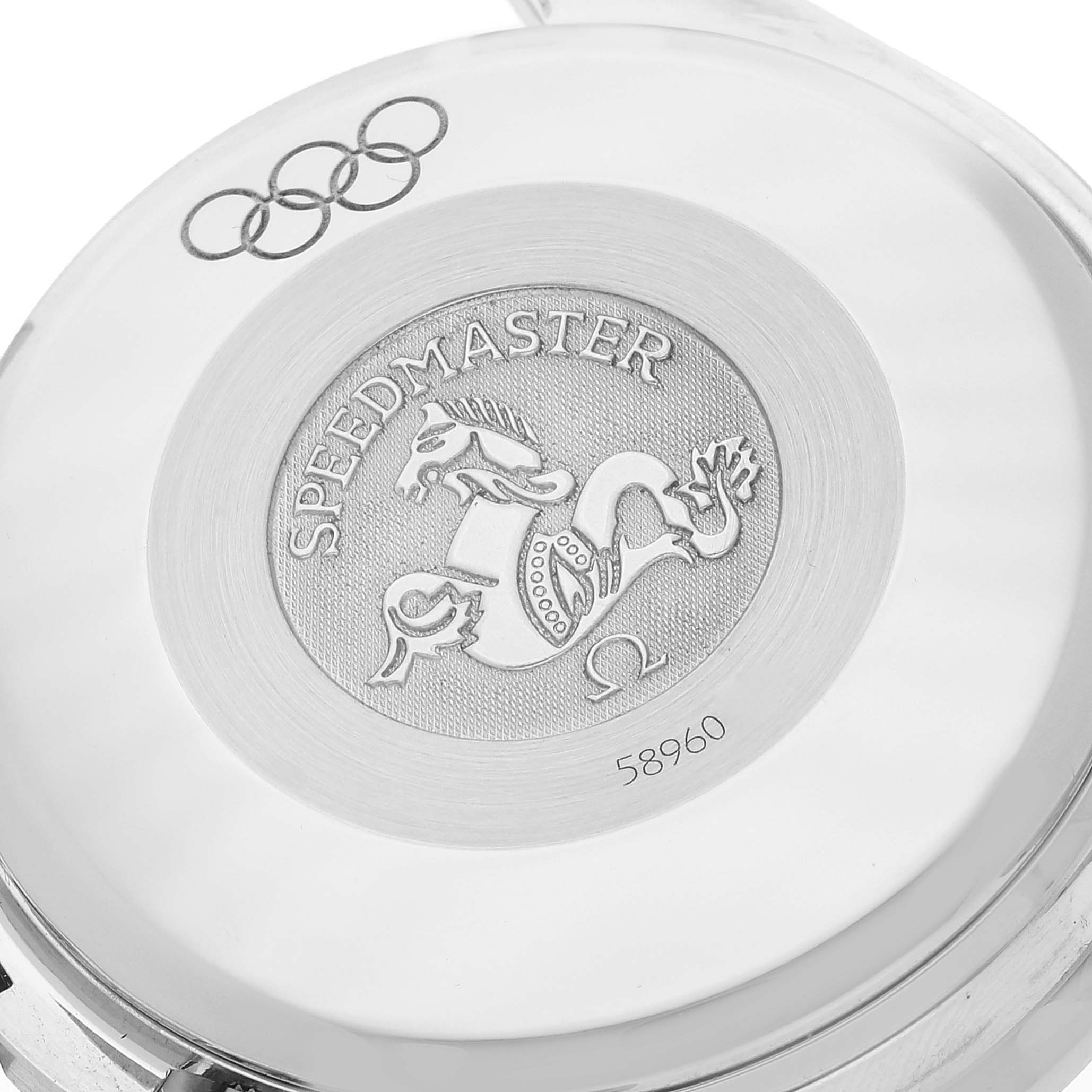 The image shows the engraved case back of an Omega Speedmaster 3513.20.00 Men's Stainless Steel White Dial 3513.20.00 Men's Stainless Steel White Dial watch, highlighting the Speedmaster logo and serial number.