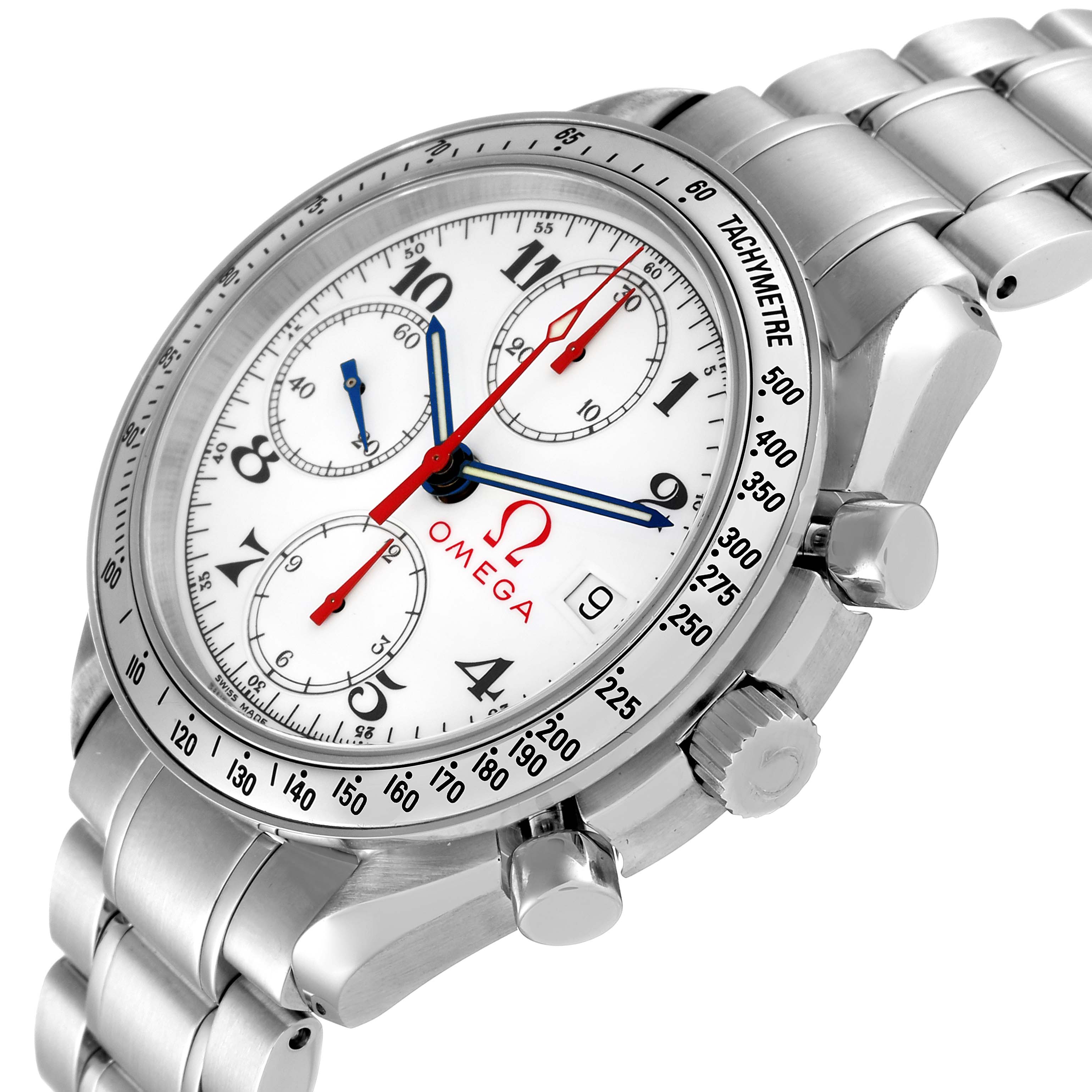 The Omega Speedmaster 3513.20.00 Men's Stainless Steel White Dial 3513.20.00 Men's Stainless Steel White Dial watch is shown at an angle highlighting the face, crown, and pushers on a stainless steel bracelet.