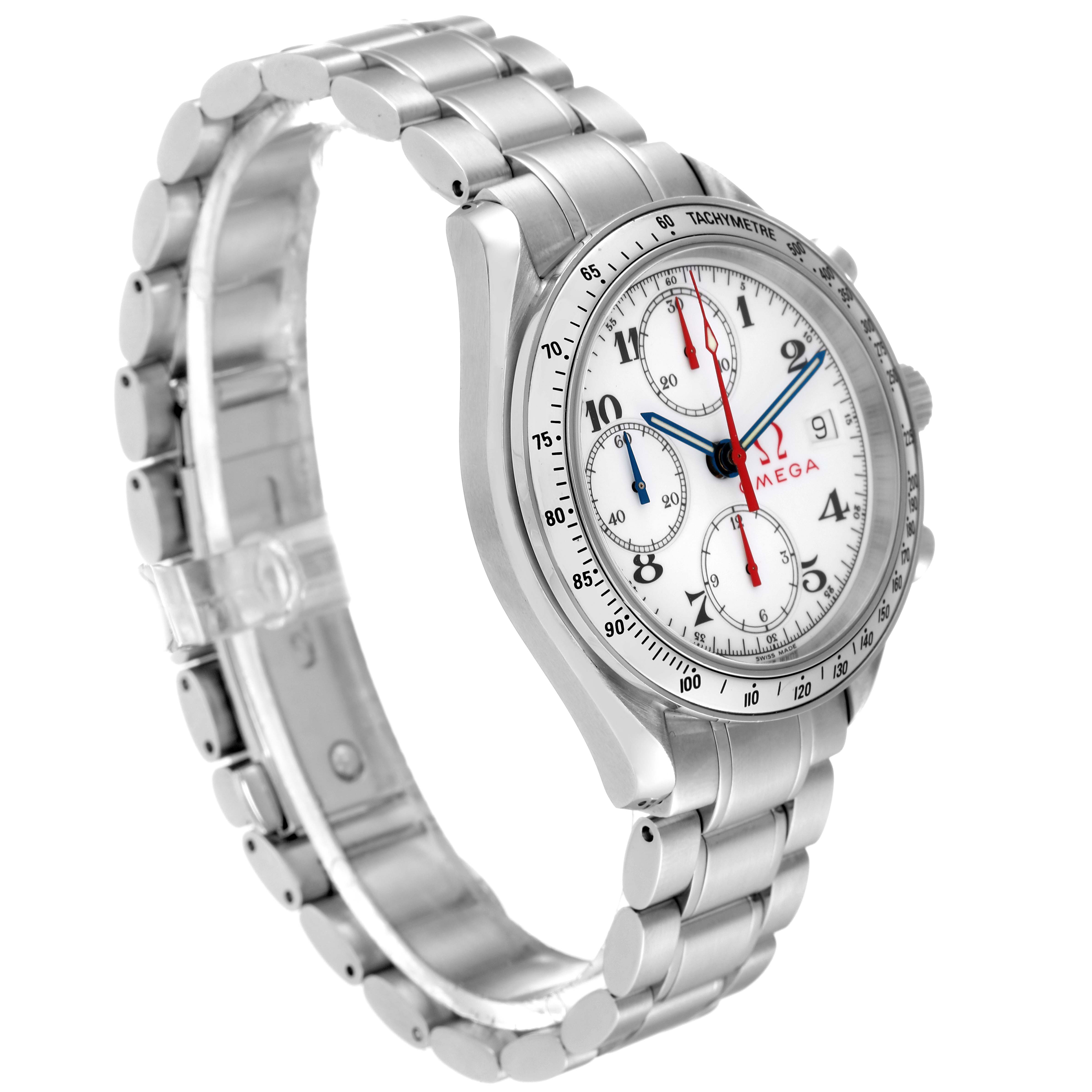 The image shows an Omega Speedmaster 3513.20.00 Men's Stainless Steel White Dial 3513.20.00 Men's Stainless Steel White Dial watch at a slight side angle, highlighting its metal band and detailed dial.