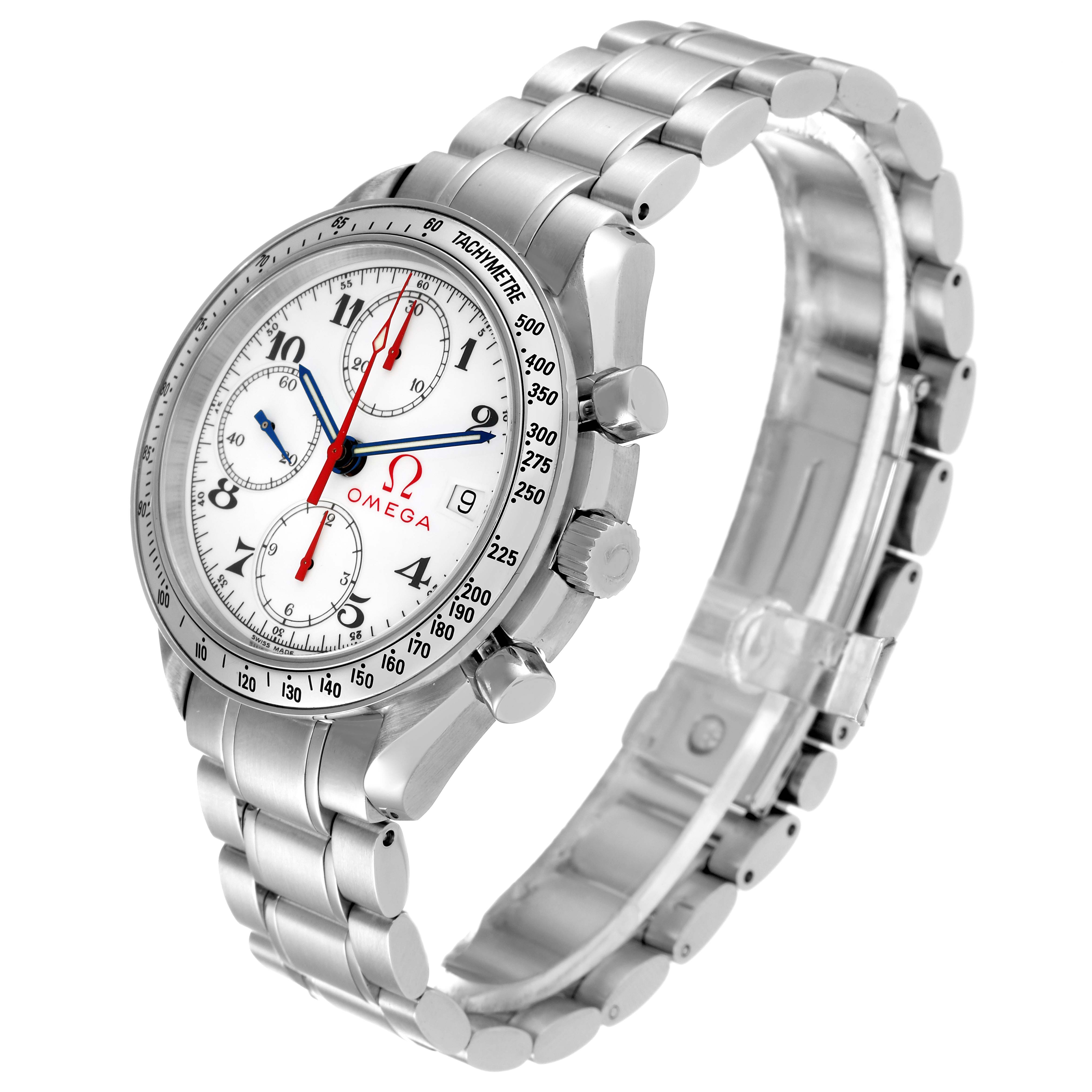 The image shows a side view of an Omega Speedmaster 3513.20.00 Men's Stainless Steel White Dial 3513.20.00 Men's Stainless Steel White Dial watch, highlighting the dial, bezel, crown, and stainless steel bracelet.