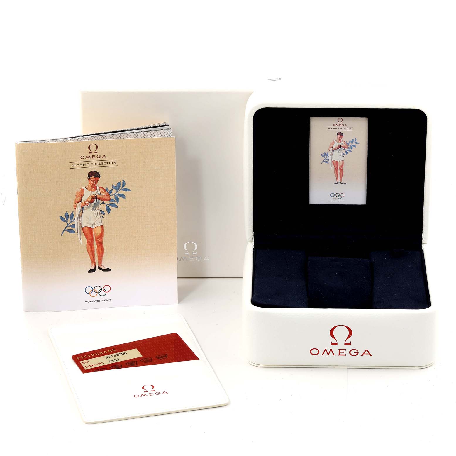 The image shows an Omega Speedmaster 3513.20.00 Men's Stainless Steel White Dial 3513.20.00 Men's Stainless Steel White Dial watch box, a booklet, and a card, photographed from the front.