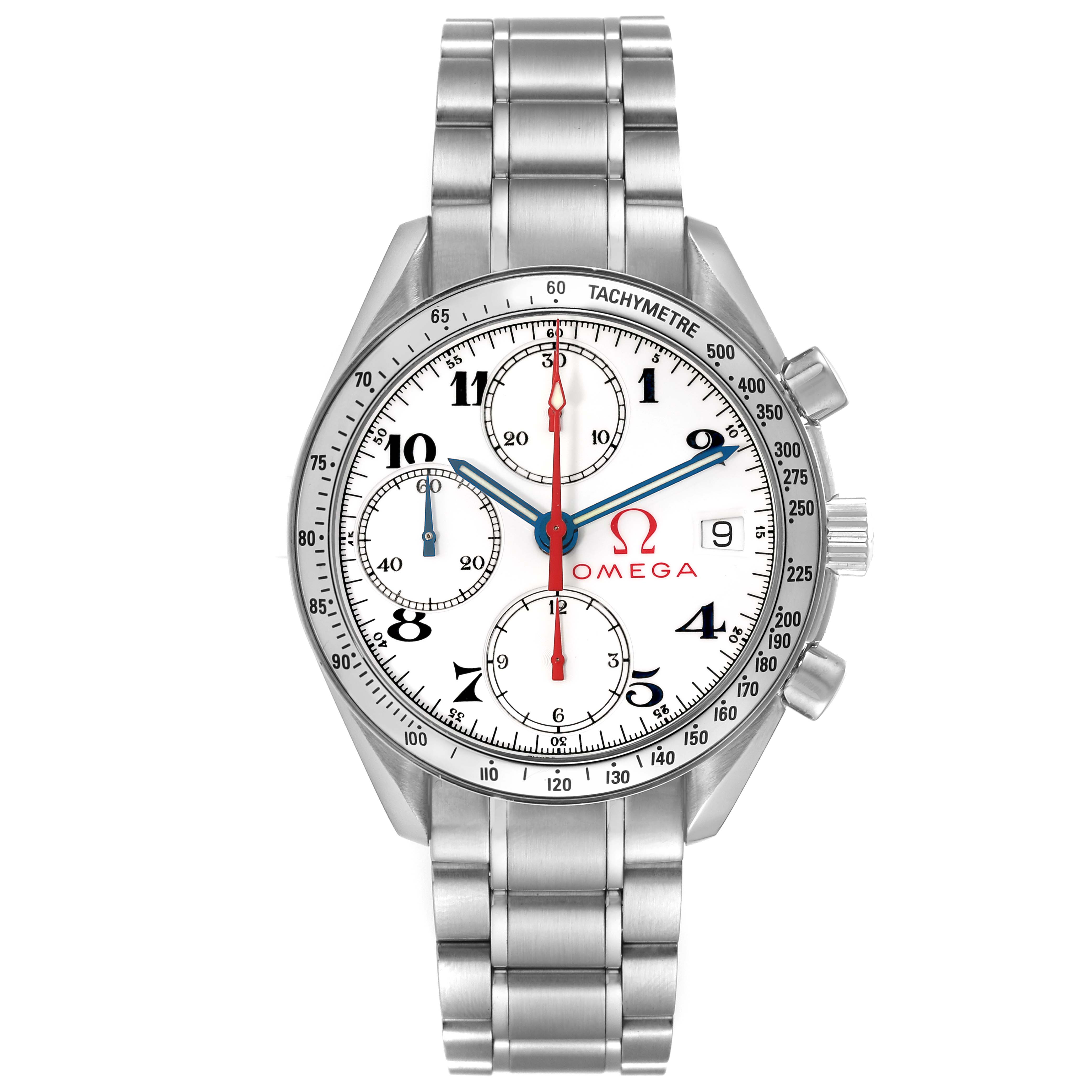 This image shows a front view of an Omega Speedmaster 3513.20.00 Men's Stainless Steel White Dial 3513.20.00 Men's Stainless Steel White Dial watch with a stainless steel bracelet.