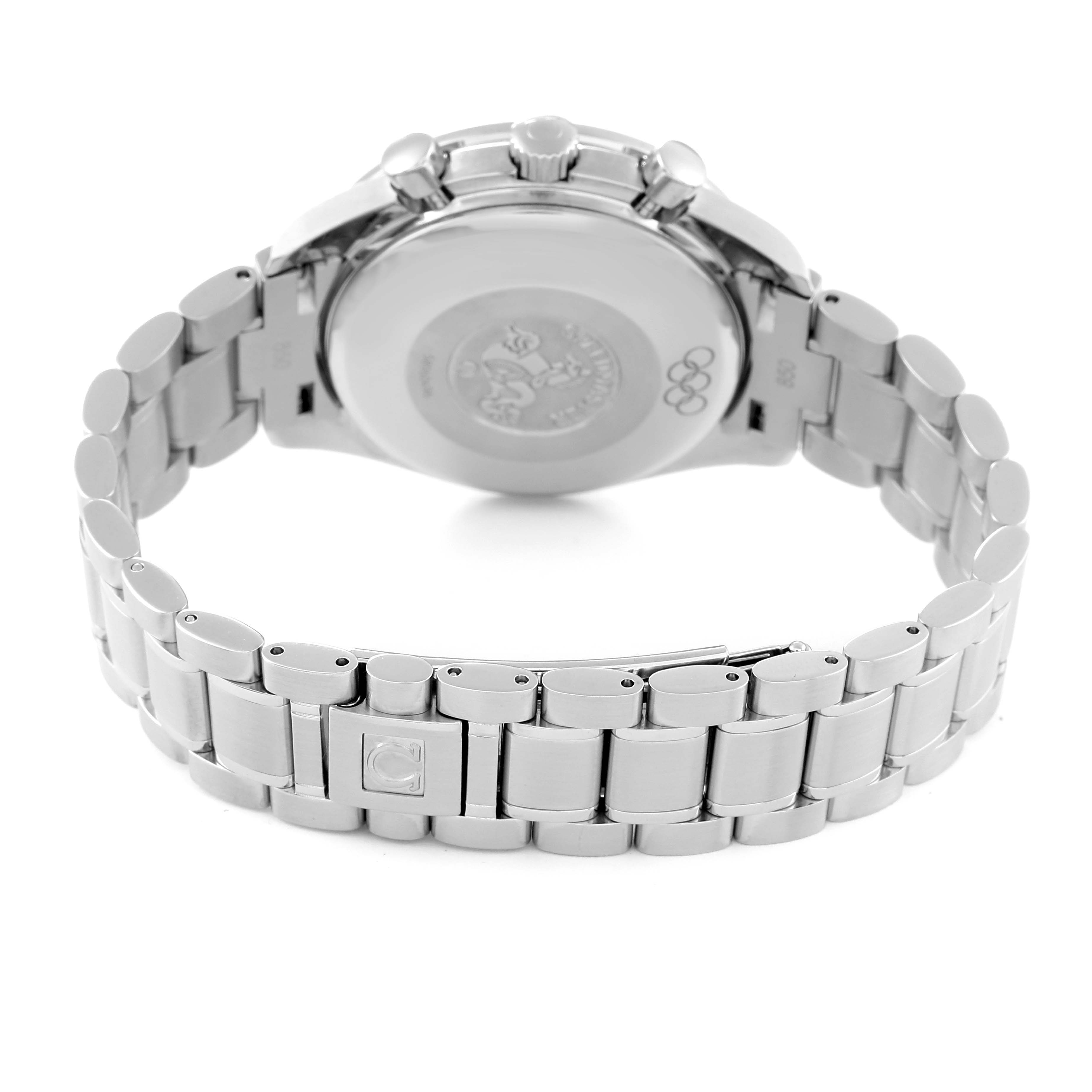 The image shows the back view of an Omega Speedmaster 3513.20.00 Men's Stainless Steel White Dial 3513.20.00 Men's Stainless Steel White Dial watch, highlighting its metal bracelet and case back design.