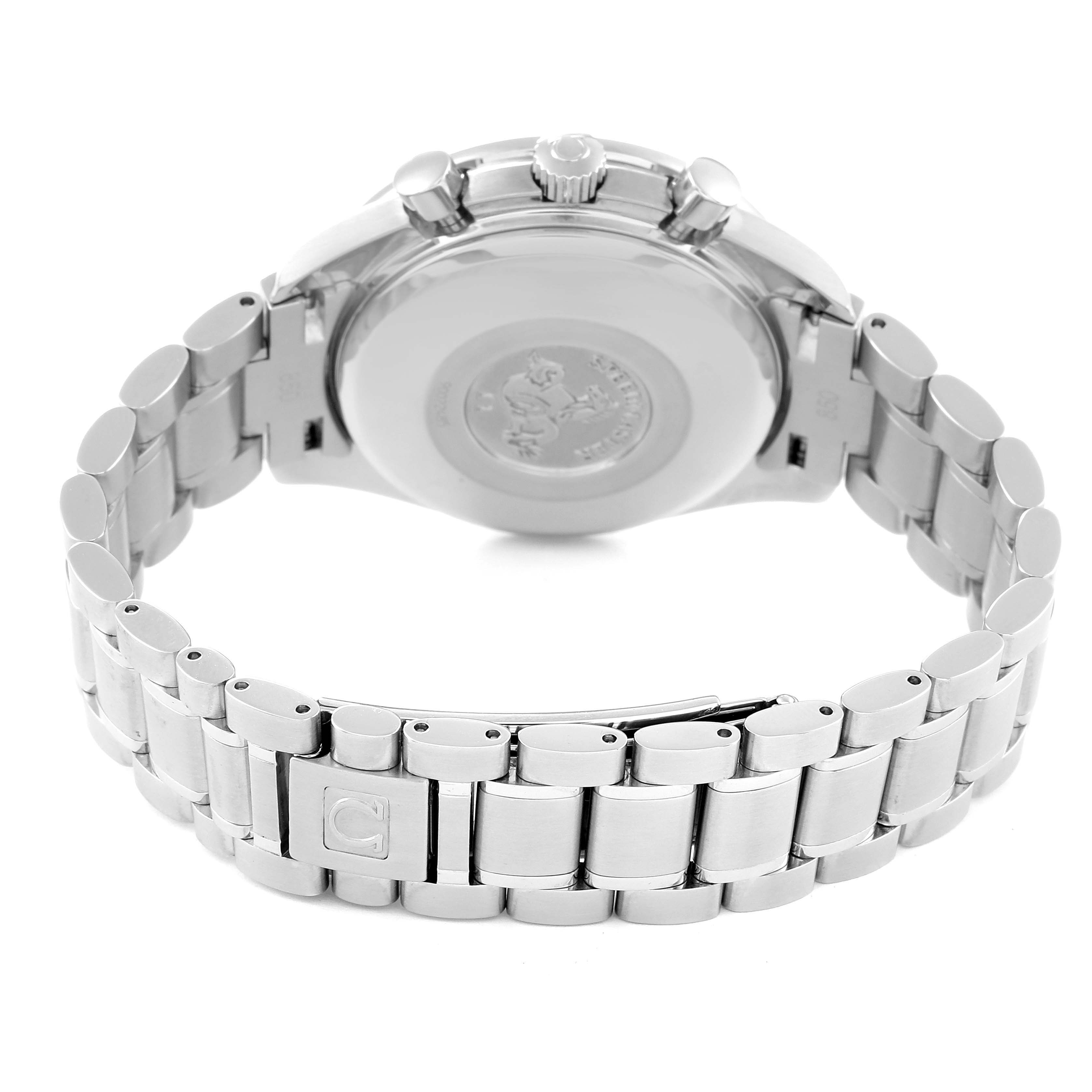 The image shows the back case and bracelet of an Omega Speedmaster 3513.50.00 Men's Stainless Steel Black Dial 3513.50.00 Men's Stainless Steel Black Dial watch at a rear angle.