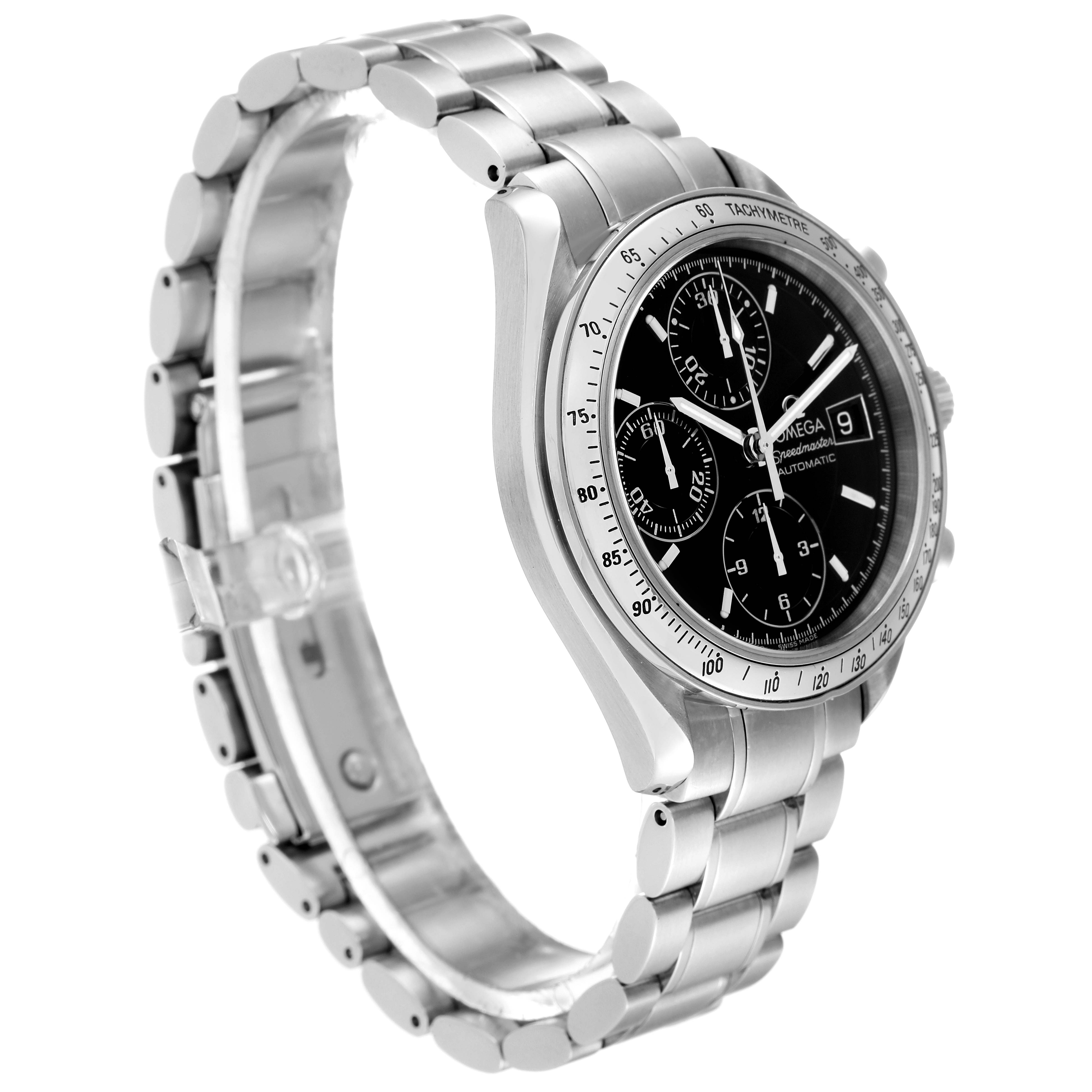 This Omega Speedmaster 3513.50.00 Men's Stainless Steel Black Dial 3513.50.00 Men's Stainless Steel Black Dial model watch is shown at an angle highlighting its stainless steel bracelet and black dial.
