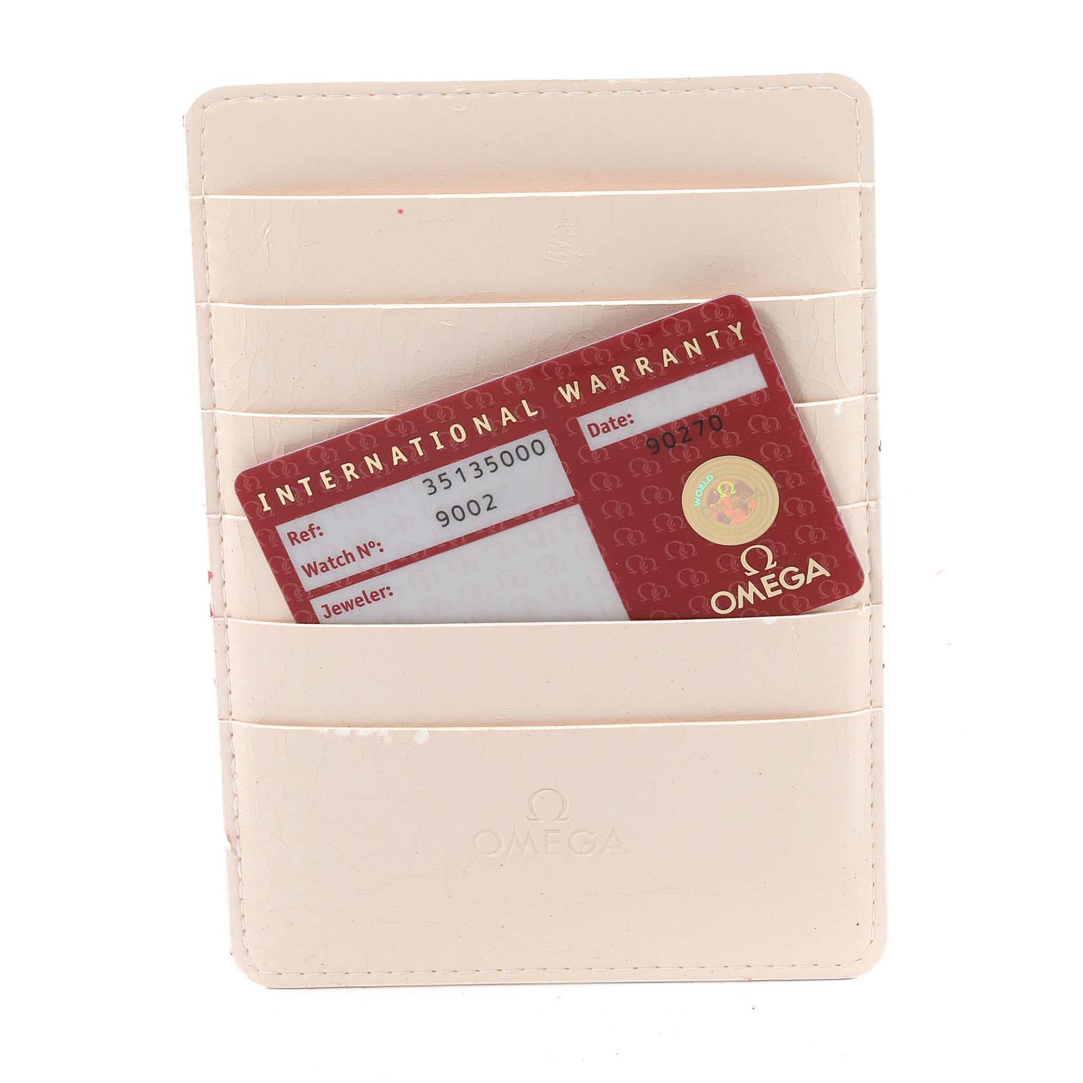 The image shows an Omega Speedmaster 3513.50.00 Men's Stainless Steel Black Dial 3513.50.00 Men's Stainless Steel Black Dial warranty card styled vertically inside a cream-colored Omega cardholder.