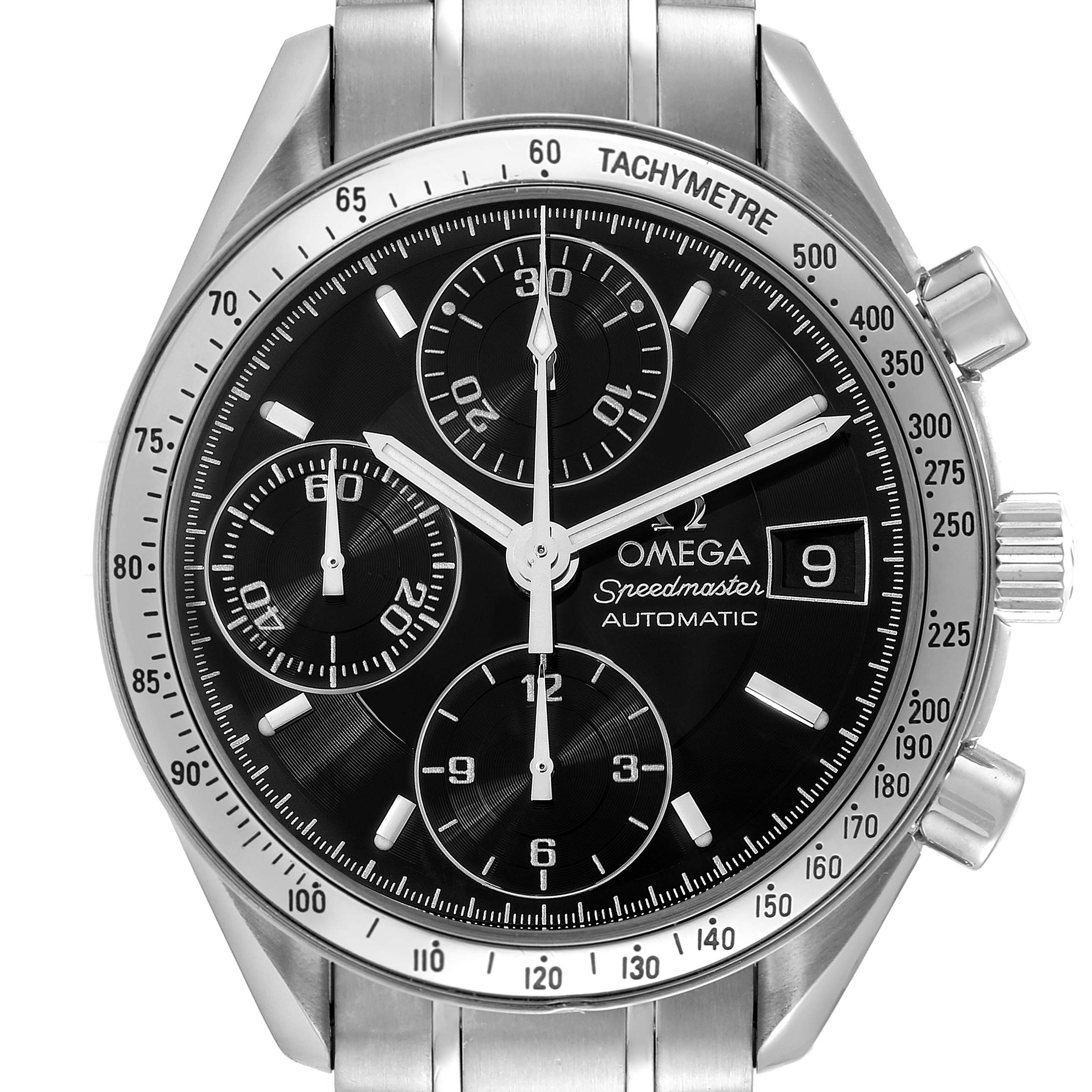 The frontal view of the Omega Speedmaster 3513.50.00 Men's Stainless Steel Black Dial 3513.50.00 Men's Stainless Steel Black Dial shows the dial, subdials, tachymeter bezel, date window, and part of the bracelet.
