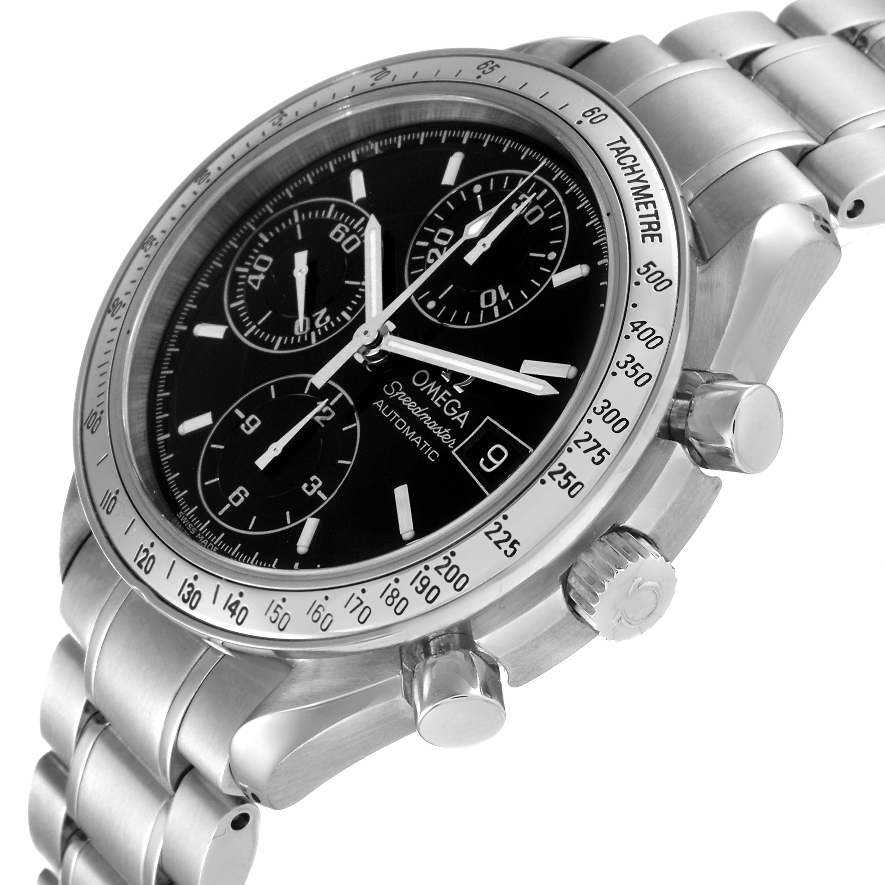 The image shows a close-up side angle of an Omega Speedmaster 3513.50.00 Men's Stainless Steel Black Dial 3513.50.00 Men's Stainless Steel Black Dial, highlighting its dial, subdials, tachymeter bezel, and metal bracelet.