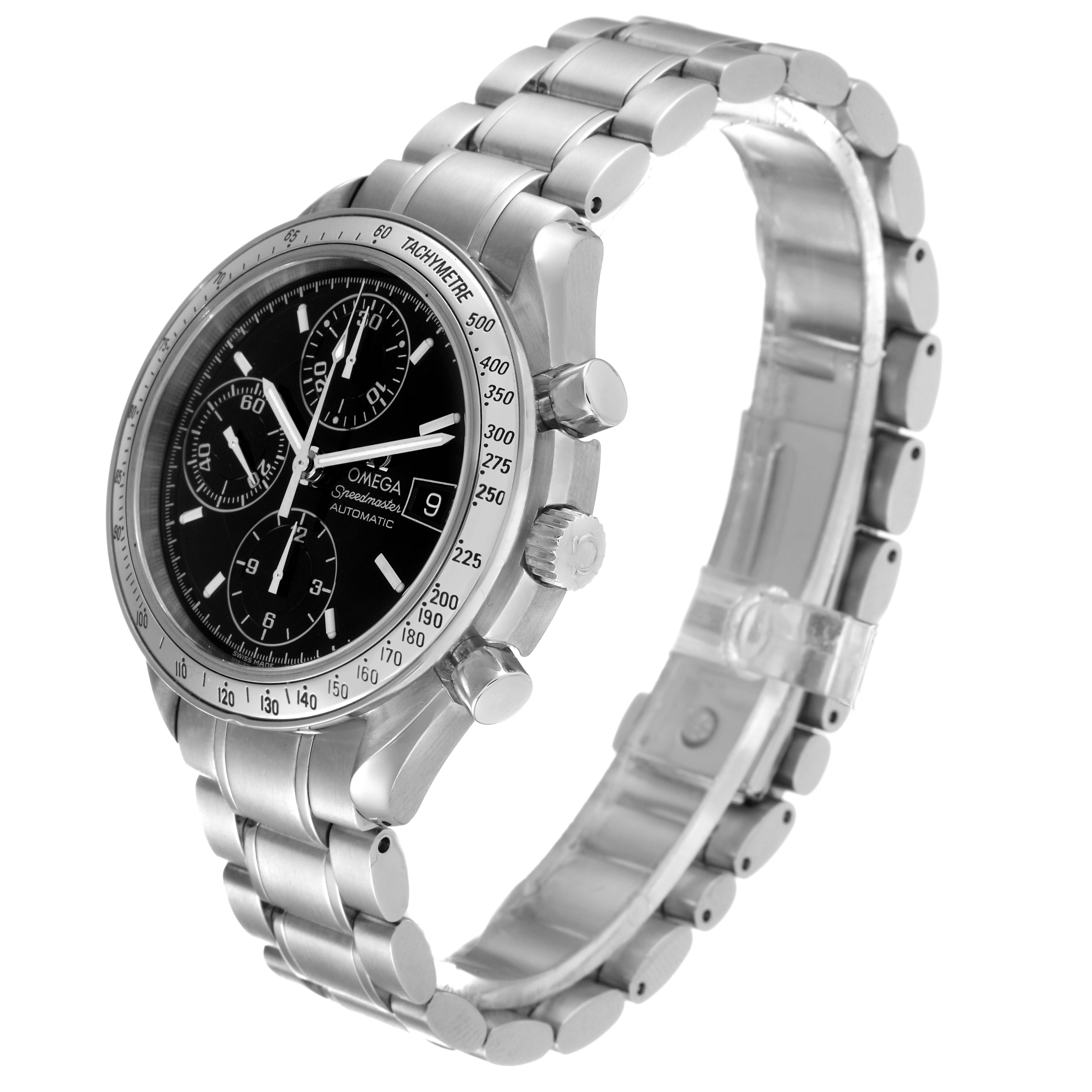 The Omega Speedmaster 3513.50.00 Men's Stainless Steel Black Dial 3513.50.00 Men's Stainless Steel Black Dial watch is shown at an angled side view, displaying its face, bezel, bracelet, and pushers.