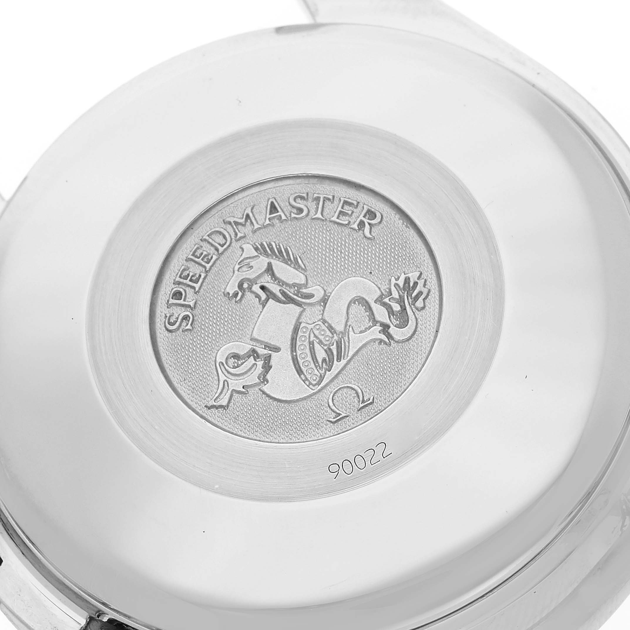 This image shows the case back of an Omega Speedmaster 3513.50.00 Men's Stainless Steel Black Dial 3513.50.00 Men's Stainless Steel Black Dial watch, featuring the engraved logo and model name.