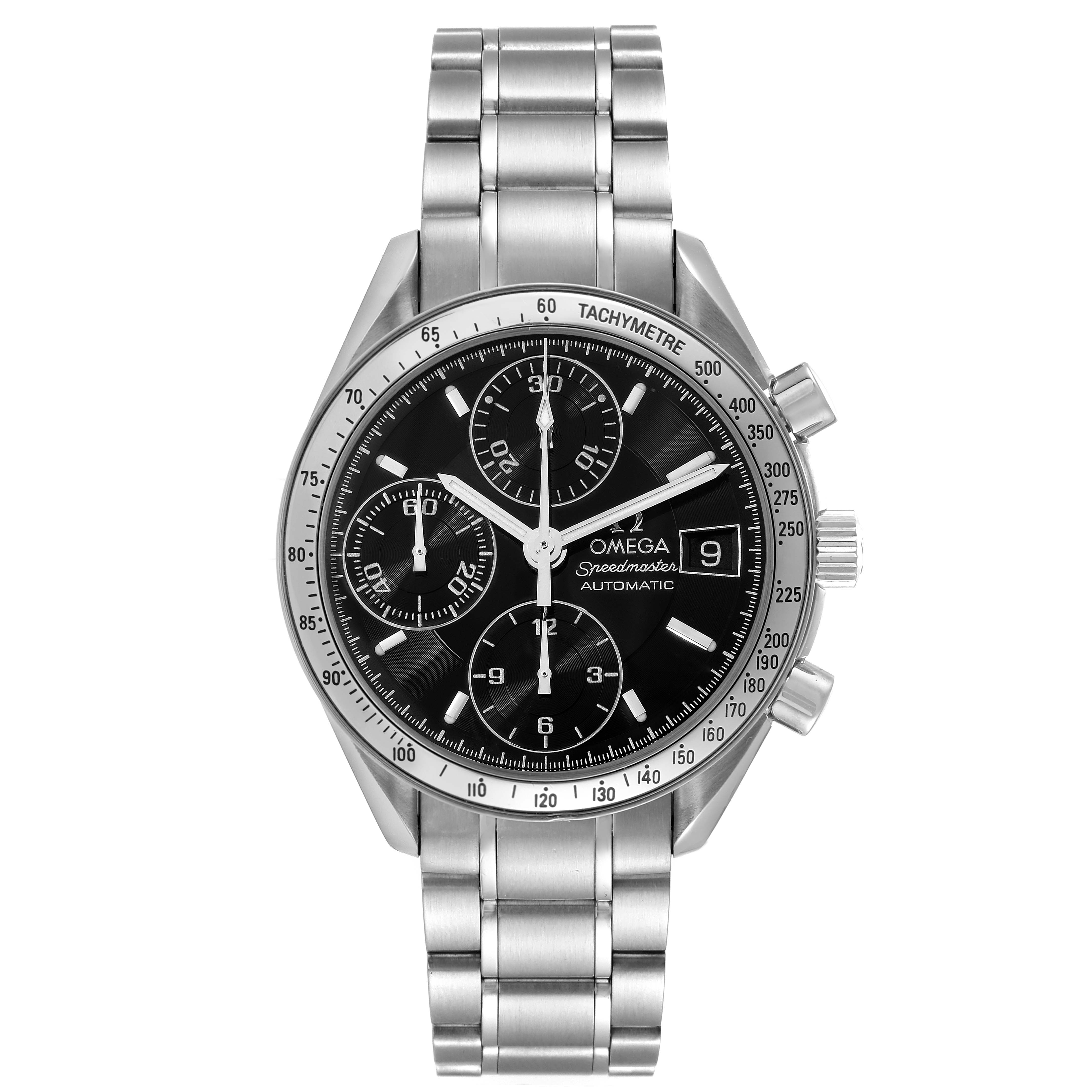 The image shows a front view of the Omega Speedmaster 3513.50.00 Men's Stainless Steel Black Dial 3513.50.00 Men's Stainless Steel Black Dial watch, highlighting its dial, bracelet, crown, and chronograph pushers.