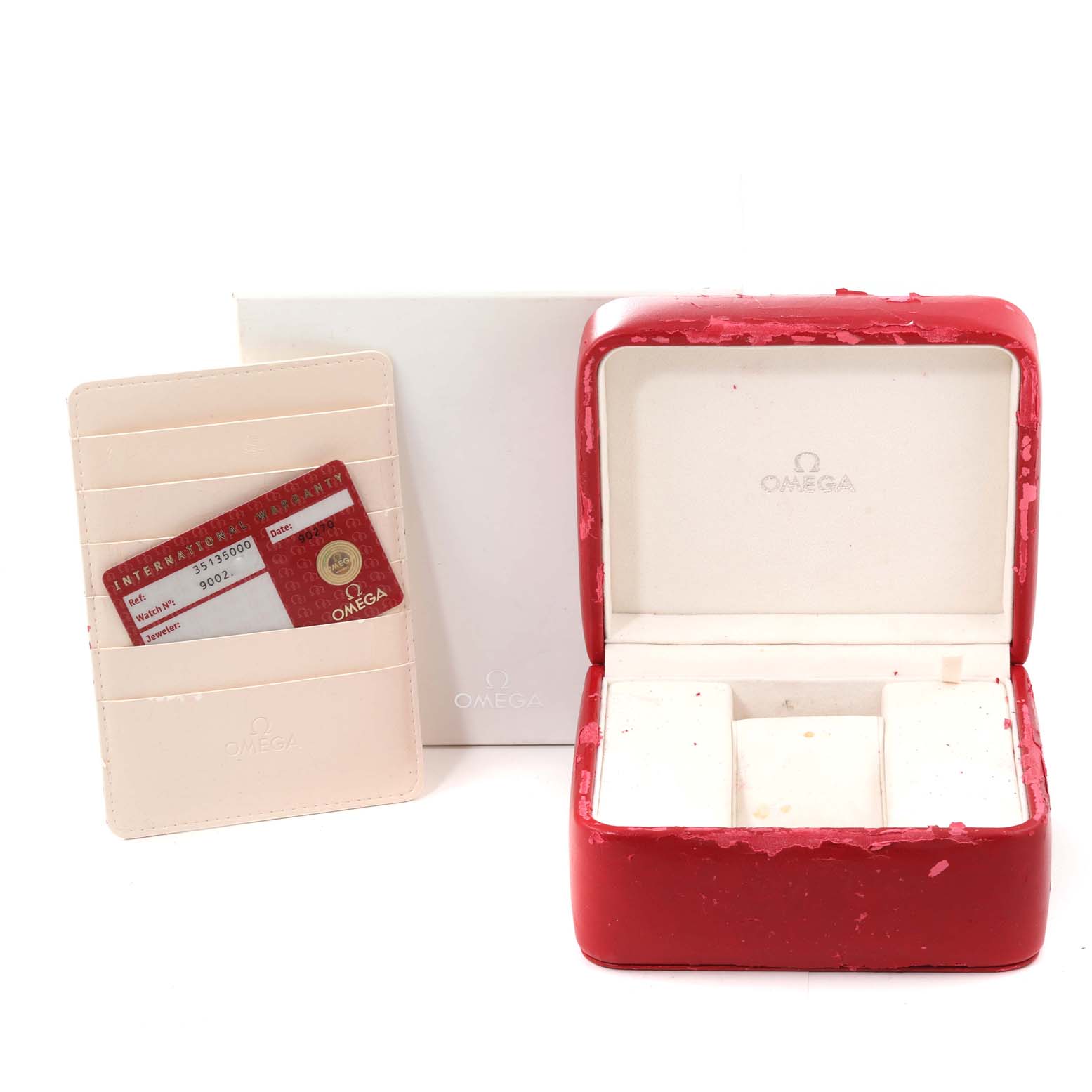 The image shows an Omega Speedmaster 3513.50.00 Men's Stainless Steel Black Dial 3513.50.00 Men's Stainless Steel Black Dial case, cardholder with an international warranty card, and an outer box, photographed from the front.