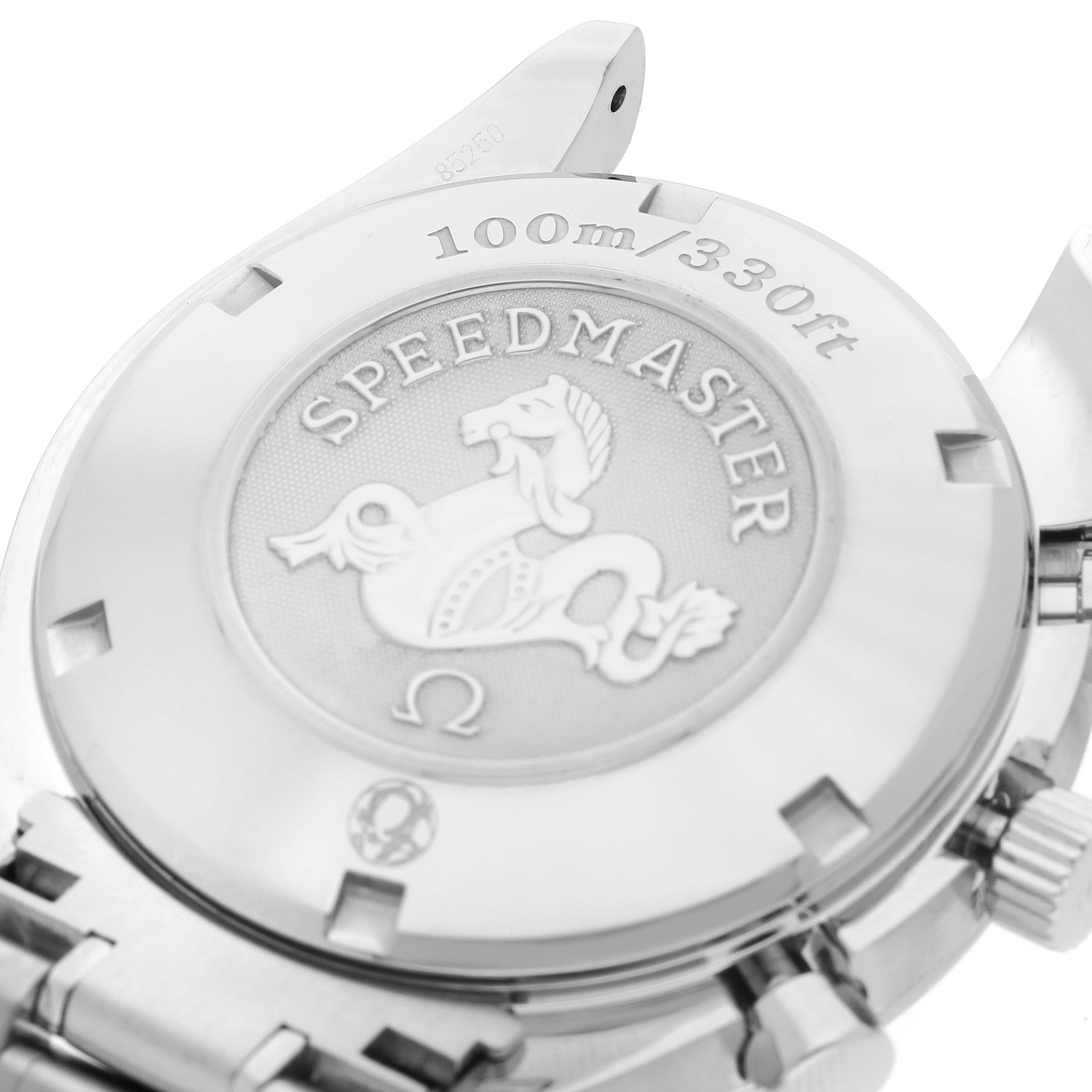 This image shows the back case of an Omega Speedmaster 323.30.40.40.04.001 Men's Stainless Steel White Dial 323.30.40.40.04.001 Men's Stainless Steel White Dial watch, highlighting its branding and water resistance details.