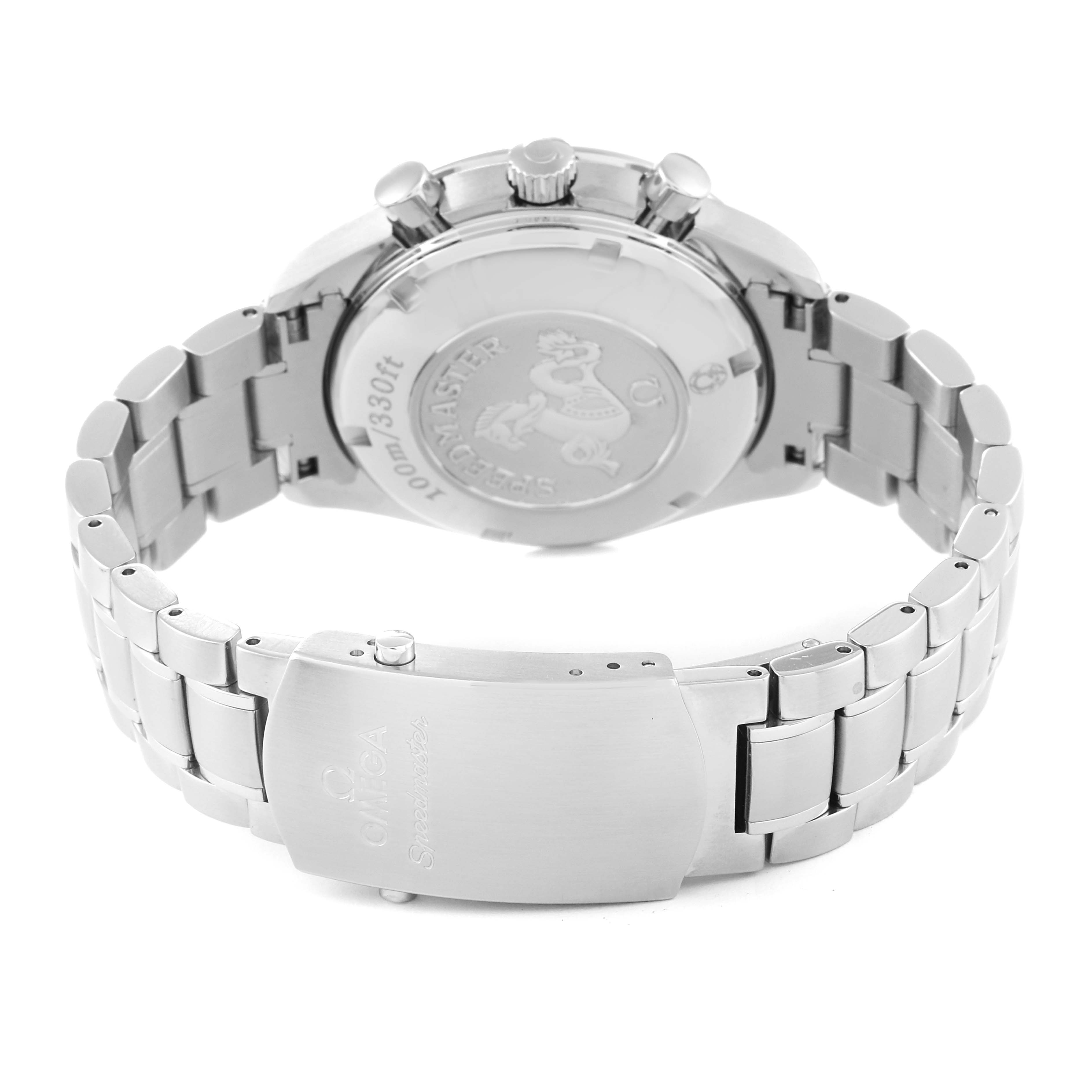 The image shows the back and clasp of the Omega Speedmaster 323.30.40.40.04.001 Men's Stainless Steel White Dial 323.30.40.40.04.001 Men's Stainless Steel White Dial watch, highlighting the case back and stainless steel bracelet.