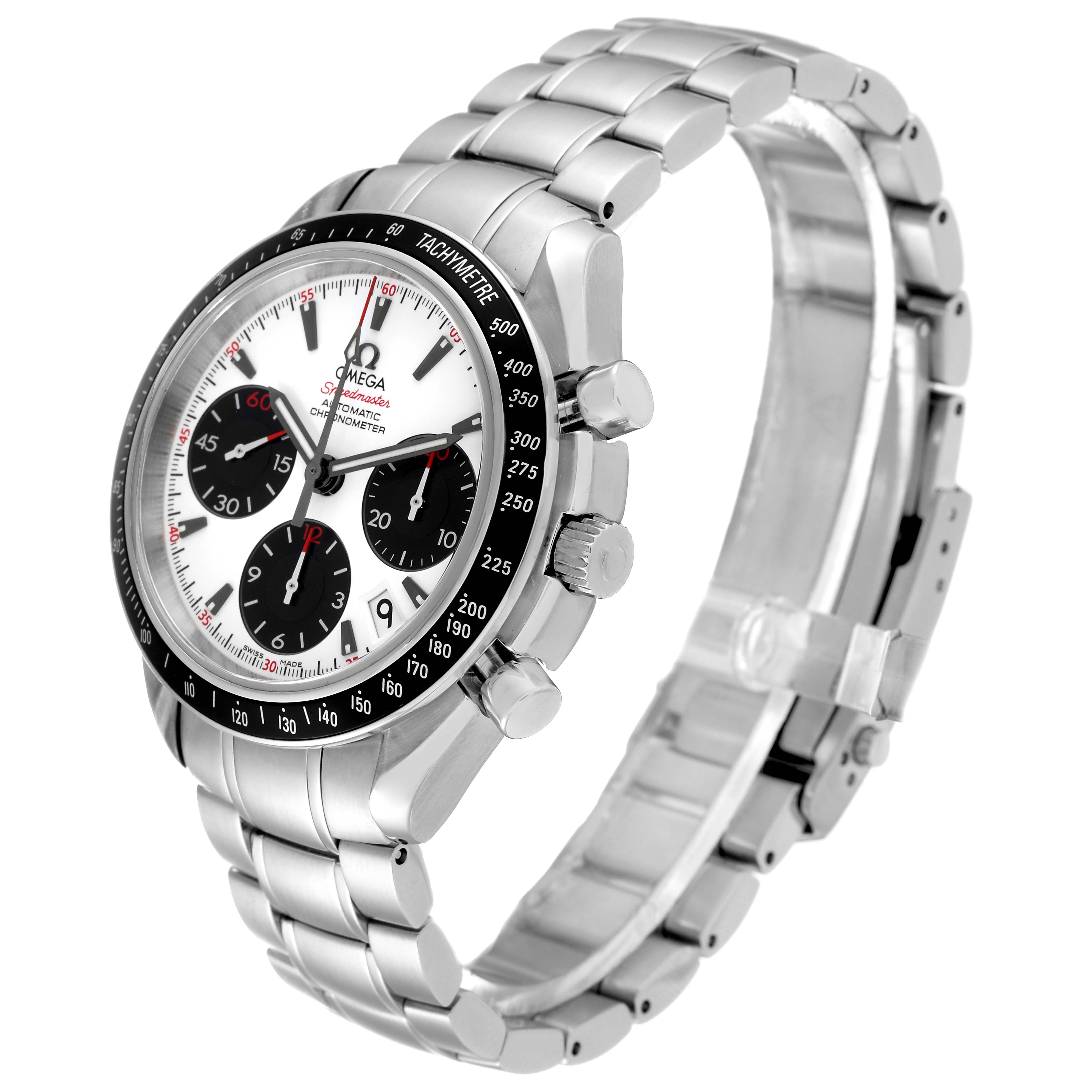 The image shows a three-quarter view of the Omega Speedmaster 323.30.40.40.04.001 Men's Stainless Steel White Dial 323.30.40.40.04.001 Men's Stainless Steel White Dial watch, highlighting the dial, bezel, pushers, and stainless steel bracelet.