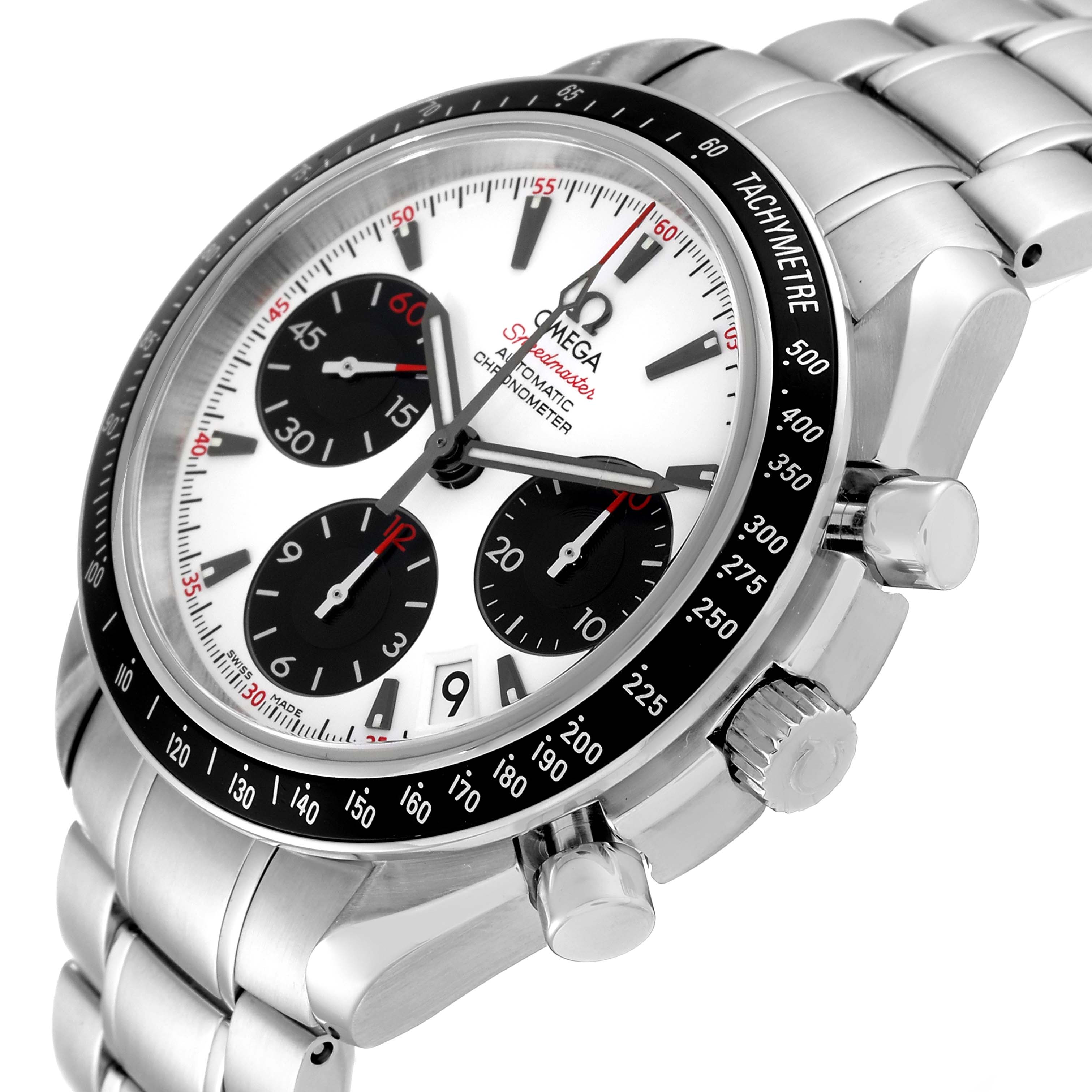The image shows the Omega Speedmaster 323.30.40.40.04.001 Men's Stainless Steel White Dial 323.30.40.40.04.001 Men's Stainless Steel White Dial watch from an angled view, highlighting its dial, tachymeter bezel, and side pushers.