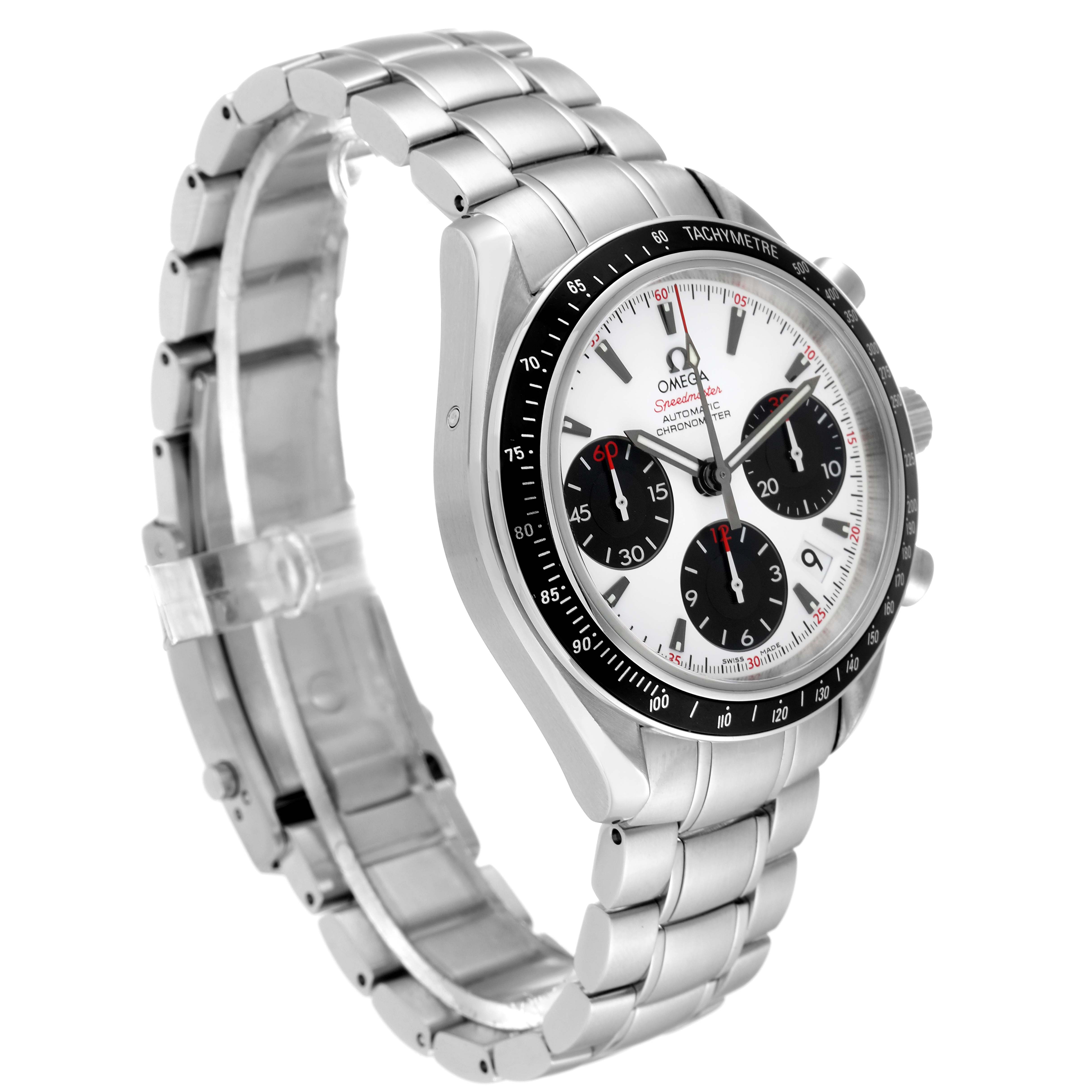 The image shows an Omega Speedmaster 323.30.40.40.04.001 Men's Stainless Steel White Dial 323.30.40.40.04.001 Men's Stainless Steel White Dial watch at a three-quarter angle, highlighting its dial, tachymeter bezel, and bracelet.
