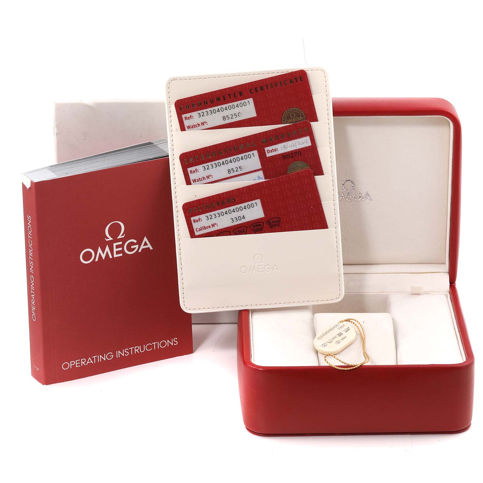 The image shows Omega Speedmaster 323.30.40.40.04.001 Men's Stainless Steel White Dial 323.30.40.40.04.001 Men's Stainless Steel White Dial packaging, including the watch box, operating instructions, and certification cards.