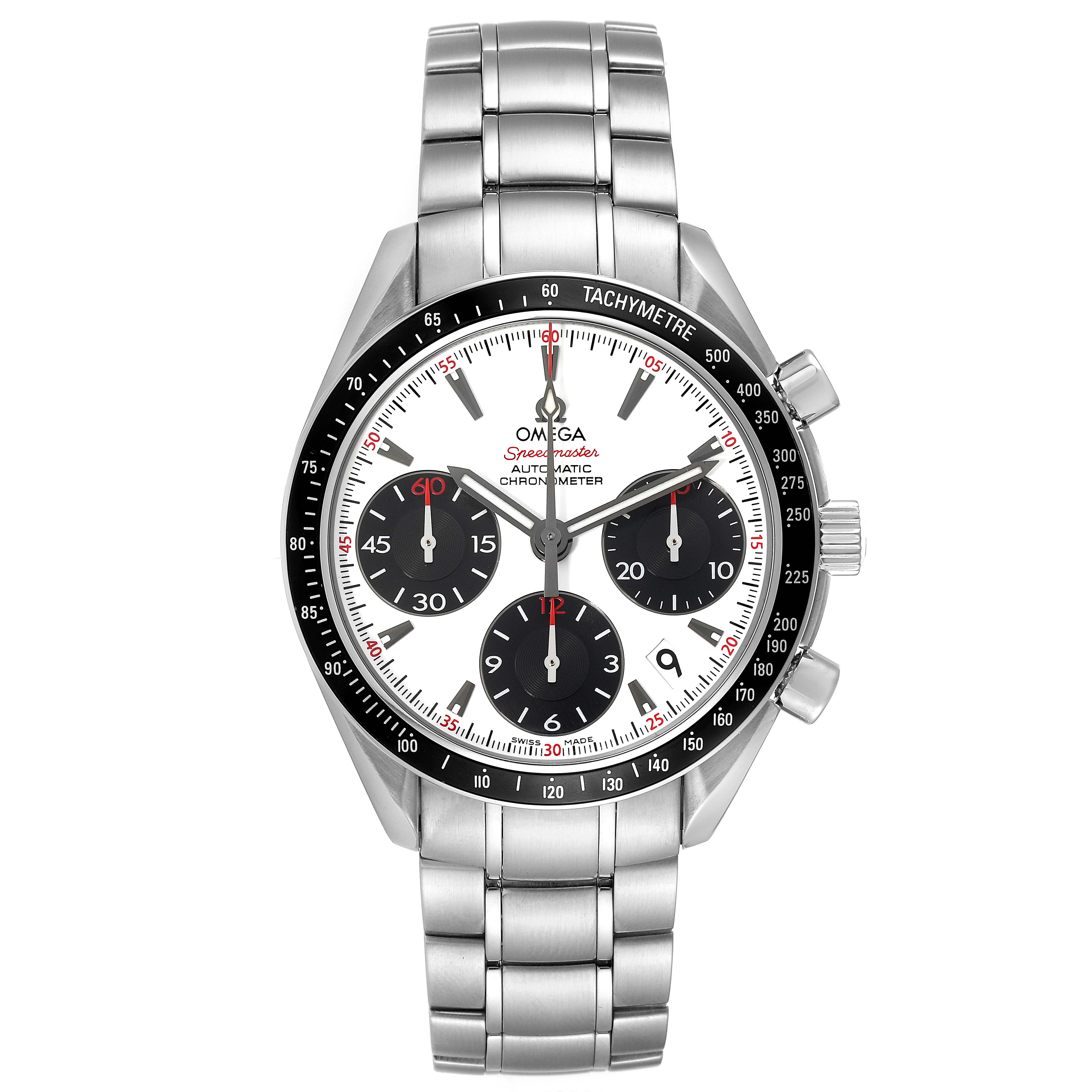 This image shows a front view of the Omega Speedmaster 323.30.40.40.04.001 Men's Stainless Steel White Dial 323.30.40.40.04.001 Men's Stainless Steel White Dial watch, displaying its face, bezel, and stainless steel bracelet.