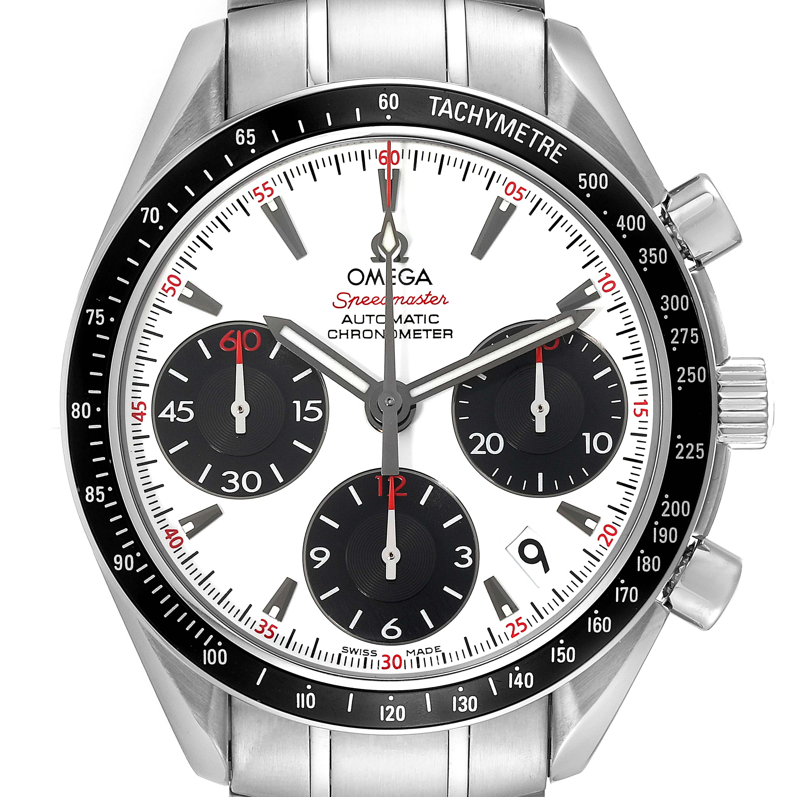 The image shows a front view of the Omega Speedmaster 323.30.40.40.04.001 Men's Stainless Steel White Dial 323.30.40.40.04.001 Men's Stainless Steel White Dial watch, displaying its dial and tachymeter bezel in detail.