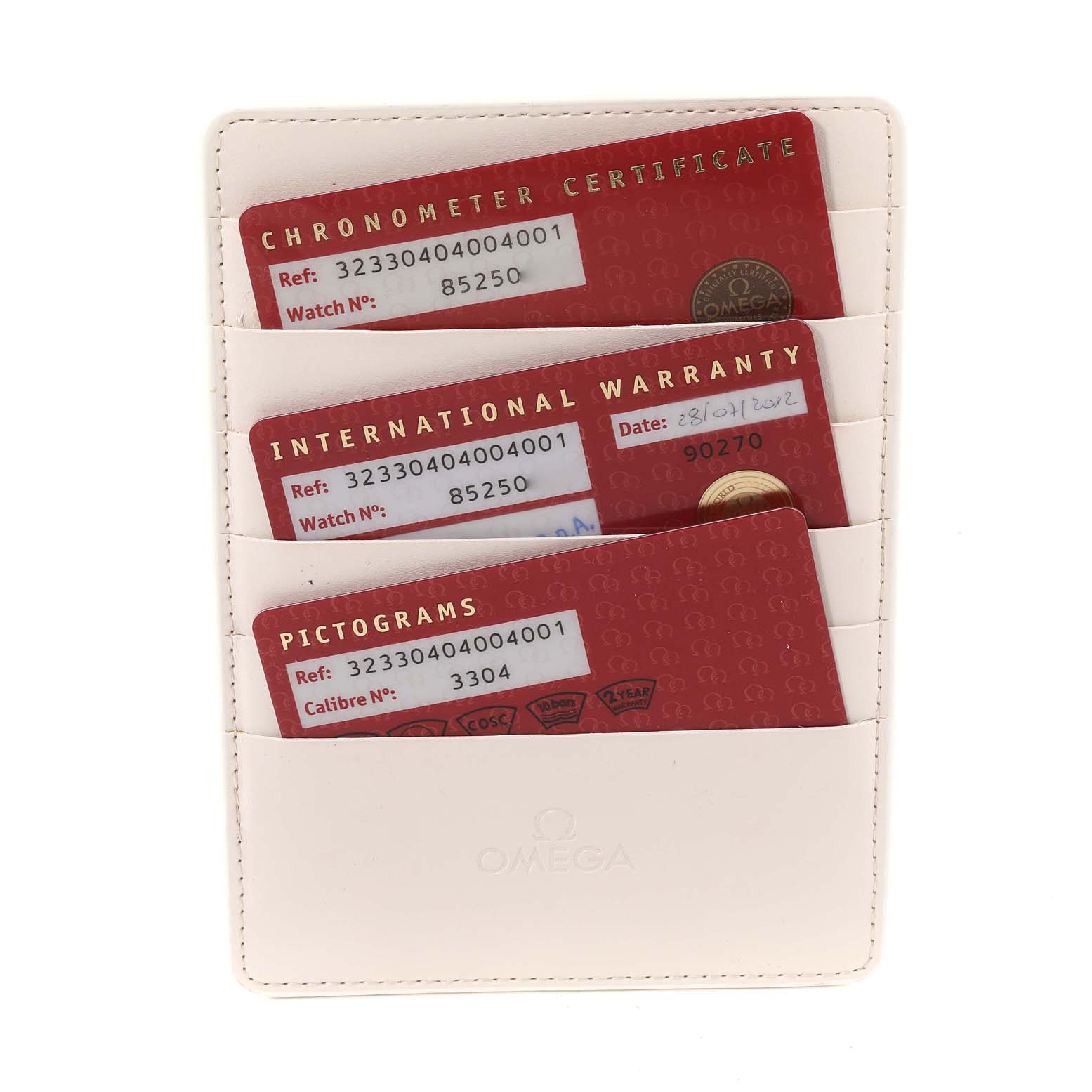 The image shows the Chronometer Certificate, International Warranty, and Pictograms cards for an Omega Speedmaster 323.30.40.40.04.001 Men's Stainless Steel White Dial 323.30.40.40.04.001 Men's Stainless Steel White Dial watch.