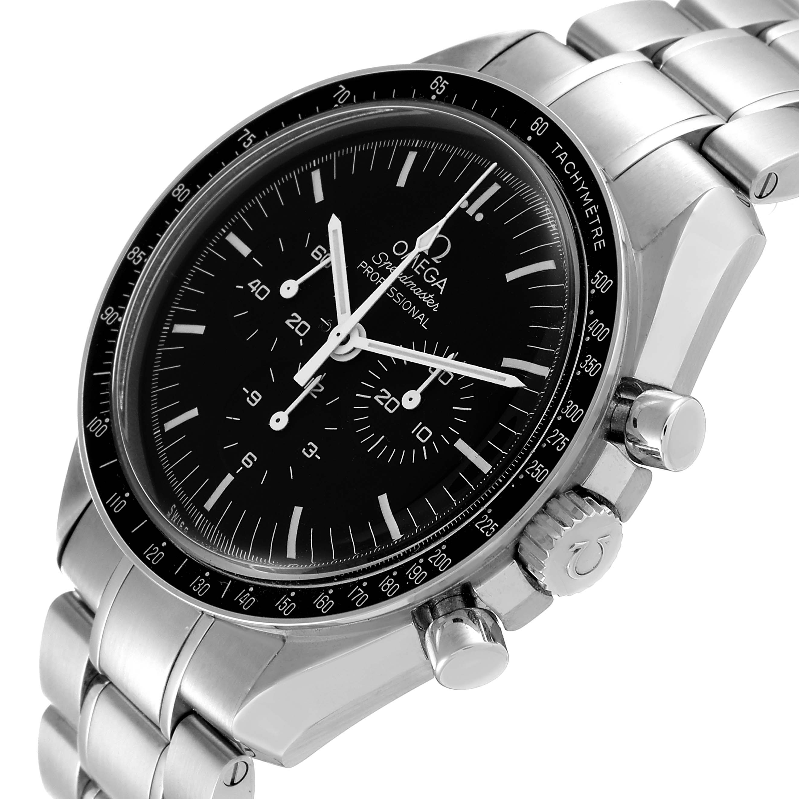 The image shows an angled view of the Omega Speedmaster 311.30.42.30.01.005 Men's Stainless Steel Black Dial 311.30.42.30.01.005 Men's Stainless Steel Black Dial watch, highlighting the face, bezel, crown, pushers, and bracelet.