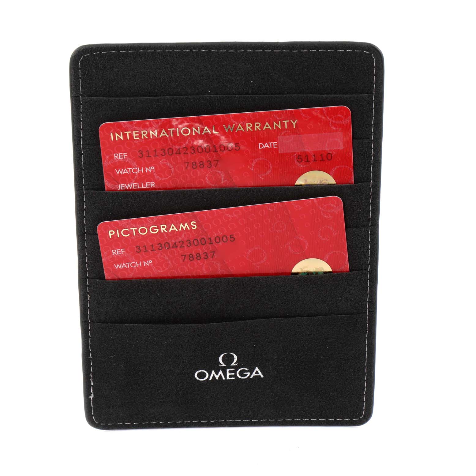 The image shows a front view of an Omega Speedmaster 311.30.42.30.01.005 Men's Stainless Steel Black Dial 311.30.42.30.01.005 Men's Stainless Steel Black Dial watch's warranty and pictogram cards in a black cardholder.