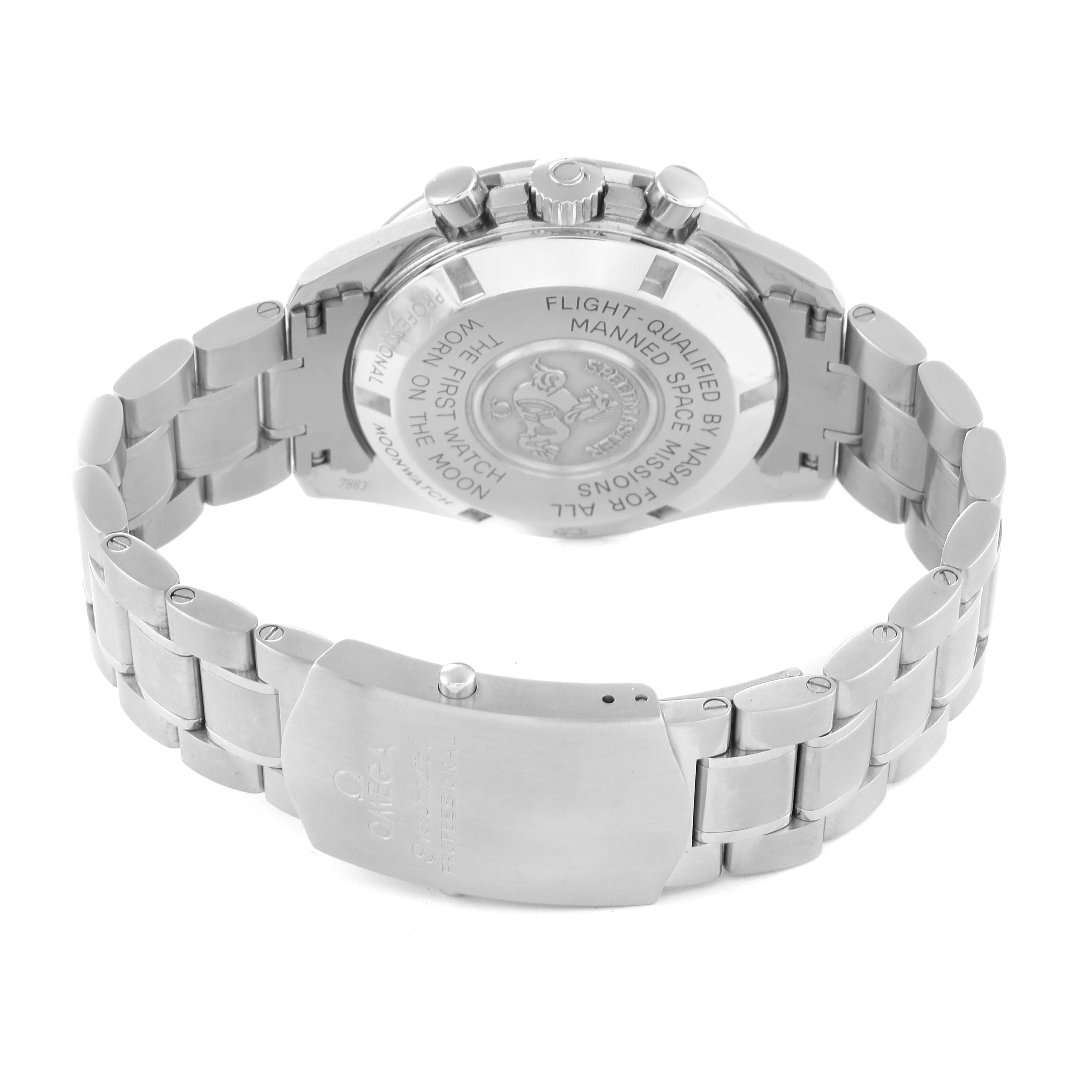 The image shows the Omega Speedmaster 311.30.42.30.01.005 Men's Stainless Steel Black Dial 311.30.42.30.01.005 Men's Stainless Steel Black Dial watch from the back, highlighting its case back and stainless steel bracelet.