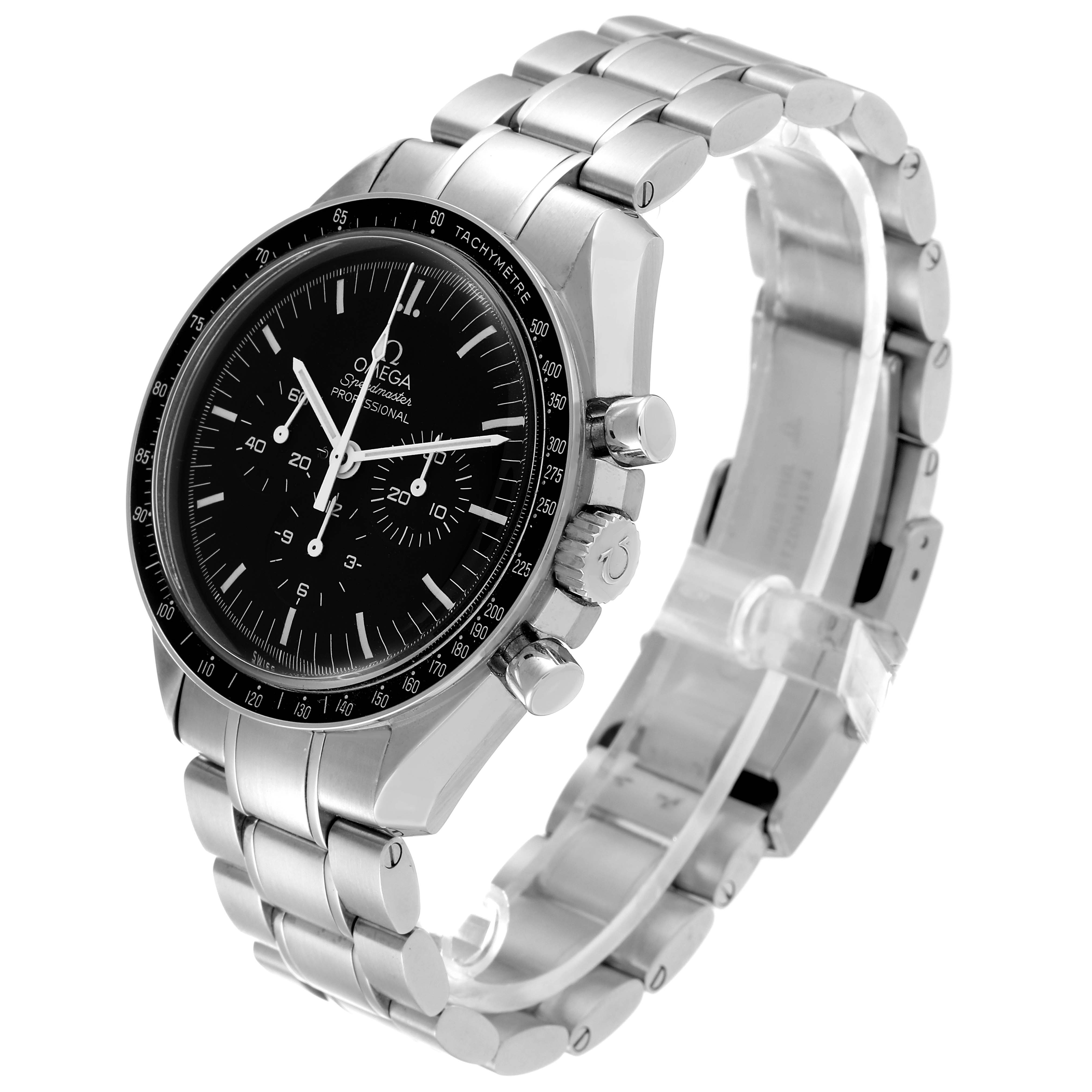 The image shows a side view of the Omega Speedmaster 311.30.42.30.01.005 Men's Stainless Steel Black Dial 311.30.42.30.01.005 Men's Stainless Steel Black Dial watch, highlighting the face, bezel, crown, pushers, and bracelet.