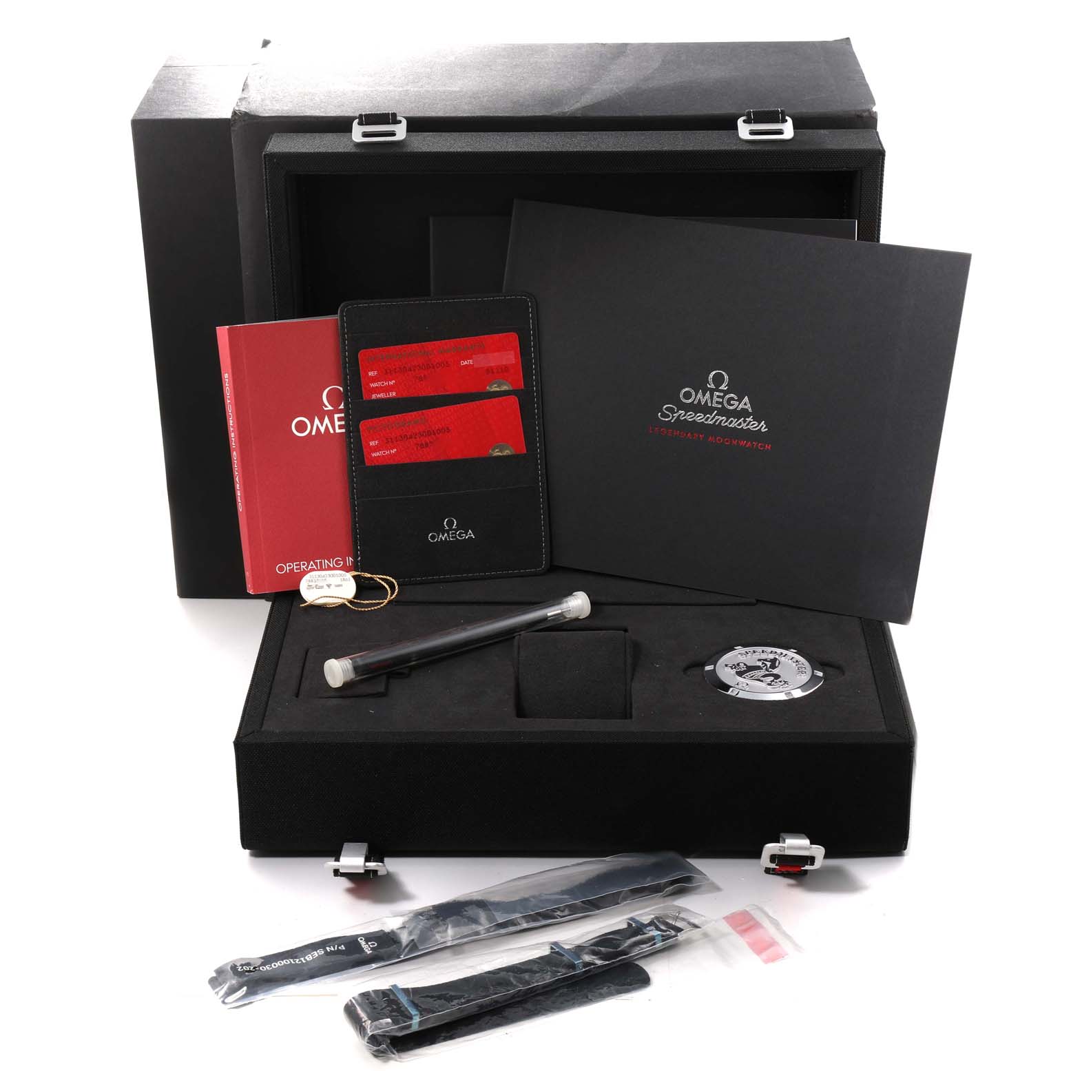 The image shows a boxed set of the Omega Speedmaster 311.30.42.30.01.005 Men's Stainless Steel Black Dial 311.30.42.30.01.005 Men's Stainless Steel Black Dial watch, with accessories, manuals, and documentation from a top-view angle.