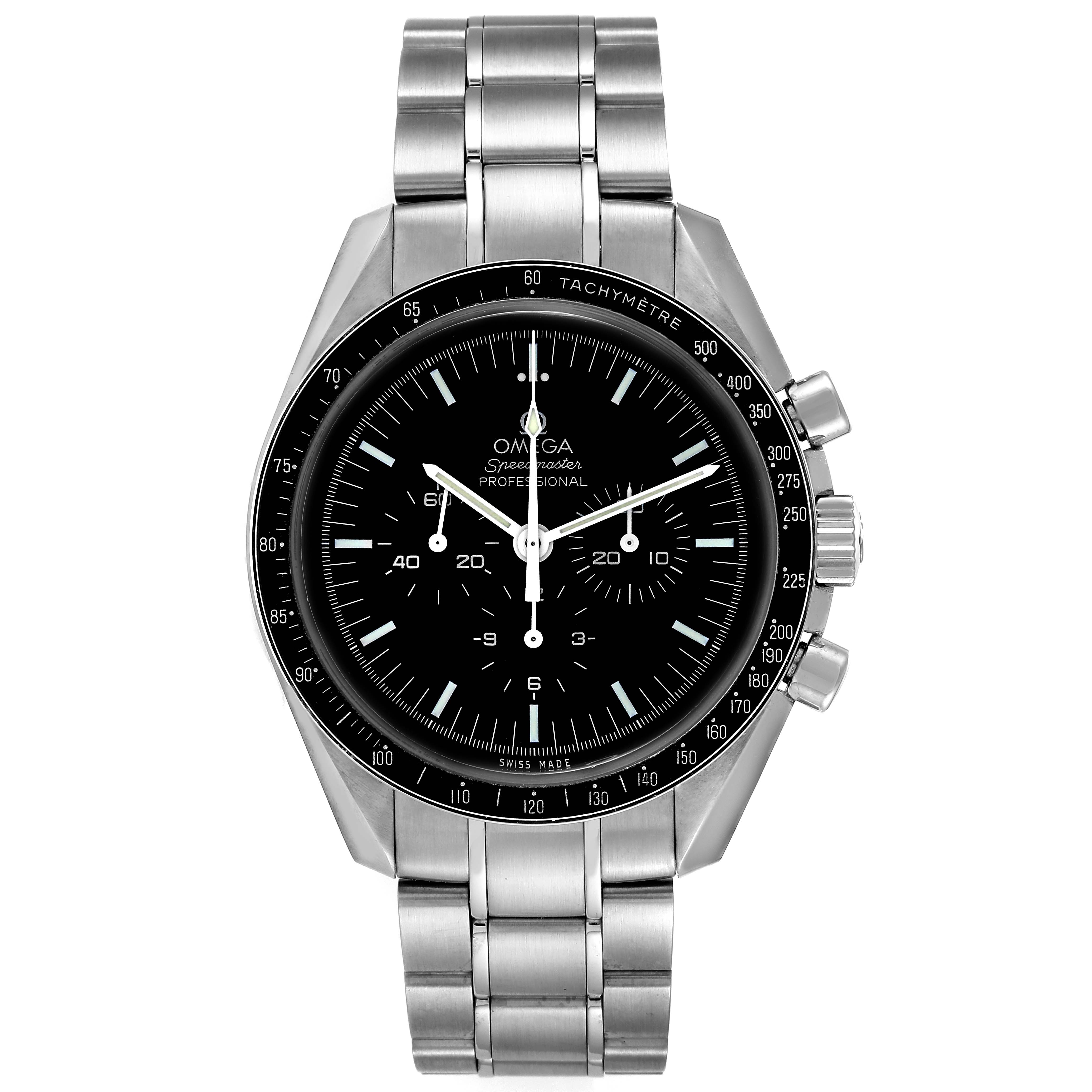 The image shows a frontal view of the Omega Speedmaster 311.30.42.30.01.005 Men's Stainless Steel Black Dial 311.30.42.30.01.005 Men's Stainless Steel Black Dial watch, highlighting its dial, bezel, and bracelet.