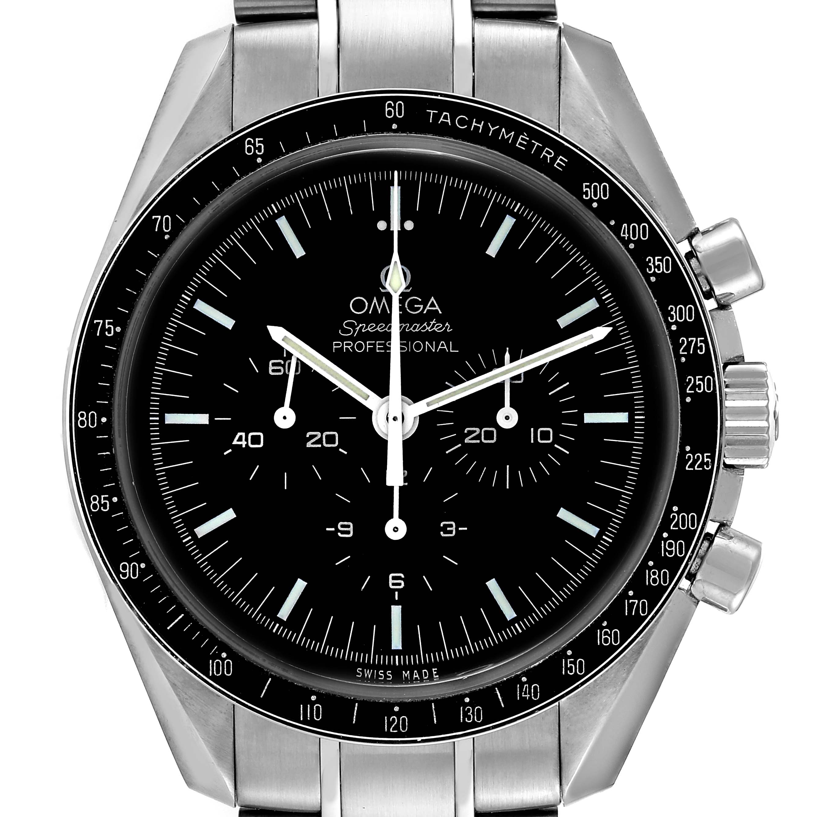 This image shows the face and upper portion of the bracelet of the Omega Speedmaster 311.30.42.30.01.005 Men's Stainless Steel Black Dial 311.30.42.30.01.005 Men's Stainless Steel Black Dial watch, with a focus on its black dial and tachymeter bezel.