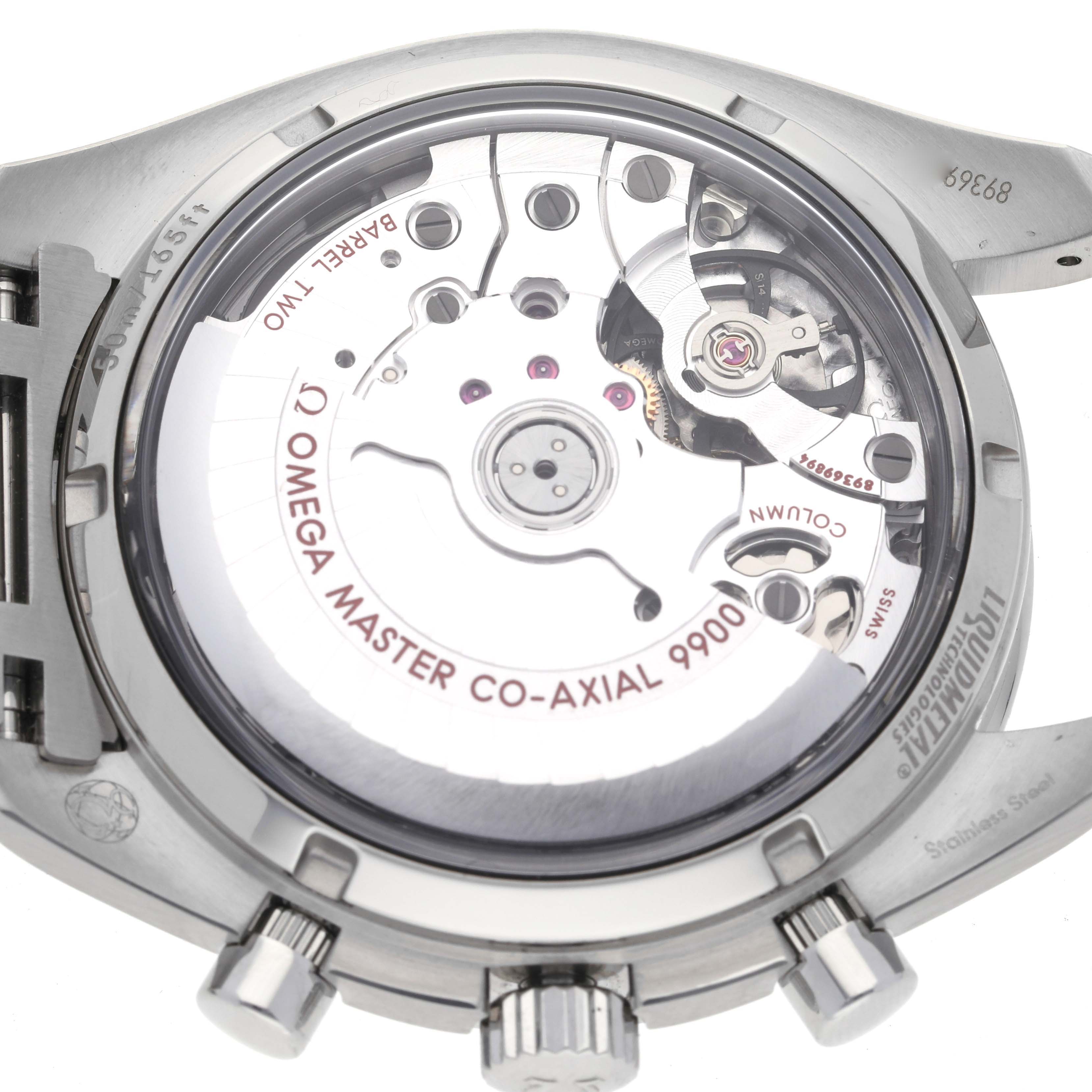 The image shows the back side of an Omega Speedmaster 329.30.44.51.01.002 Men
s Stainless Steel Black Dial 329.30.44.51.01.002 Men
s Stainless Steel Black Dial watch, revealing its movement and inner mechanics.