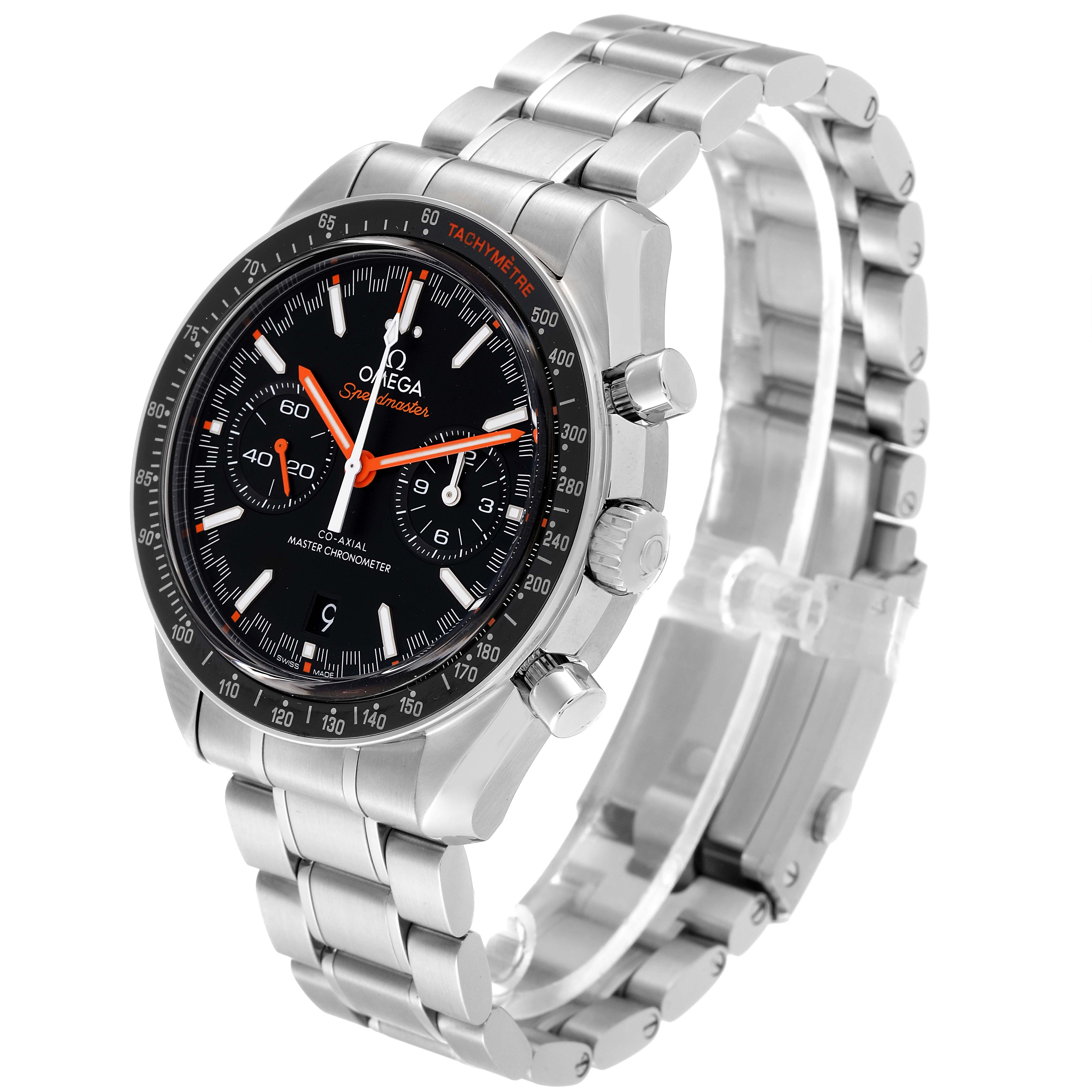 The image shows an Omega Speedmaster 329.30.44.51.01.002 Men
s Stainless Steel Black Dial 329.30.44.51.01.002 Men
s Stainless Steel Black Dial watch angled from the front-left, highlighting the face, bezel, and bracelet.