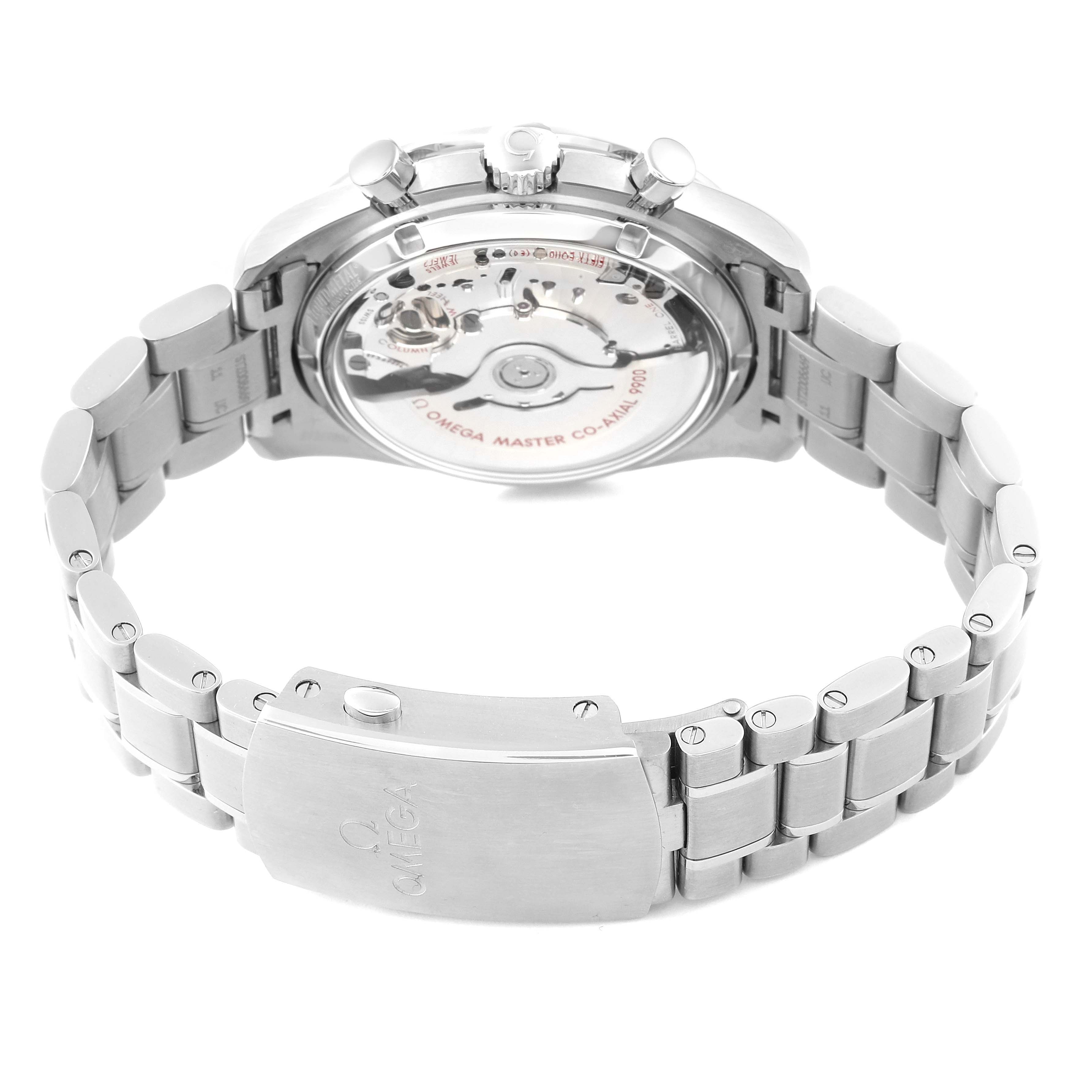 This image shows the back of the Omega Speedmaster 329.30.44.51.01.002 Men
s Stainless Steel Black Dial 329.30.44.51.01.002 Men
s Stainless Steel Black Dial watch, highlighting its movement and stainless steel bracelet clasp.