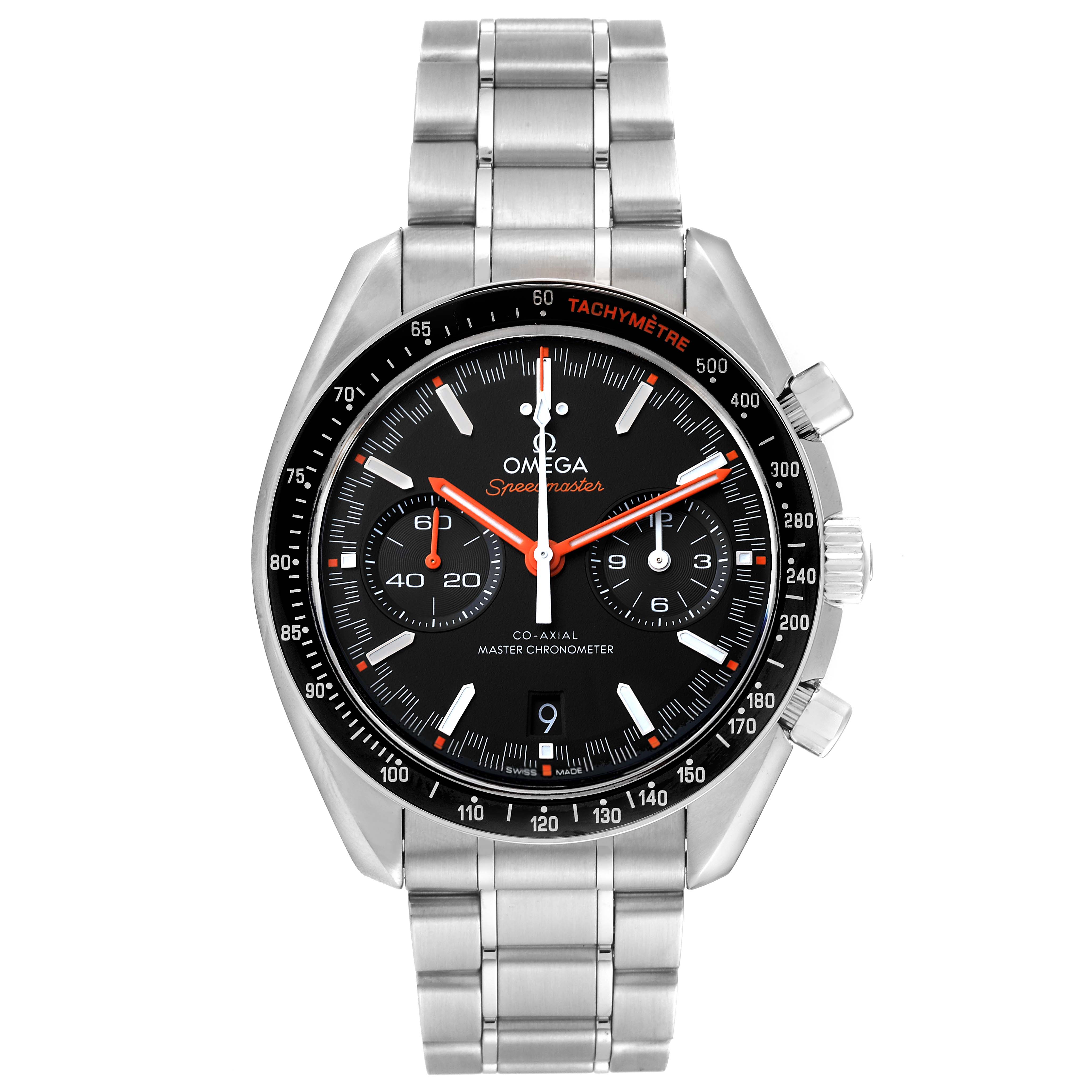 This Omega Speedmaster 329.30.44.51.01.002 Men
s Stainless Steel Black Dial 329.30.44.51.01.002 Men
s Stainless Steel Black Dial watch is shown from a top-down angle, displaying its black dial, tachymeter bezel, and stainless steel bracelet.