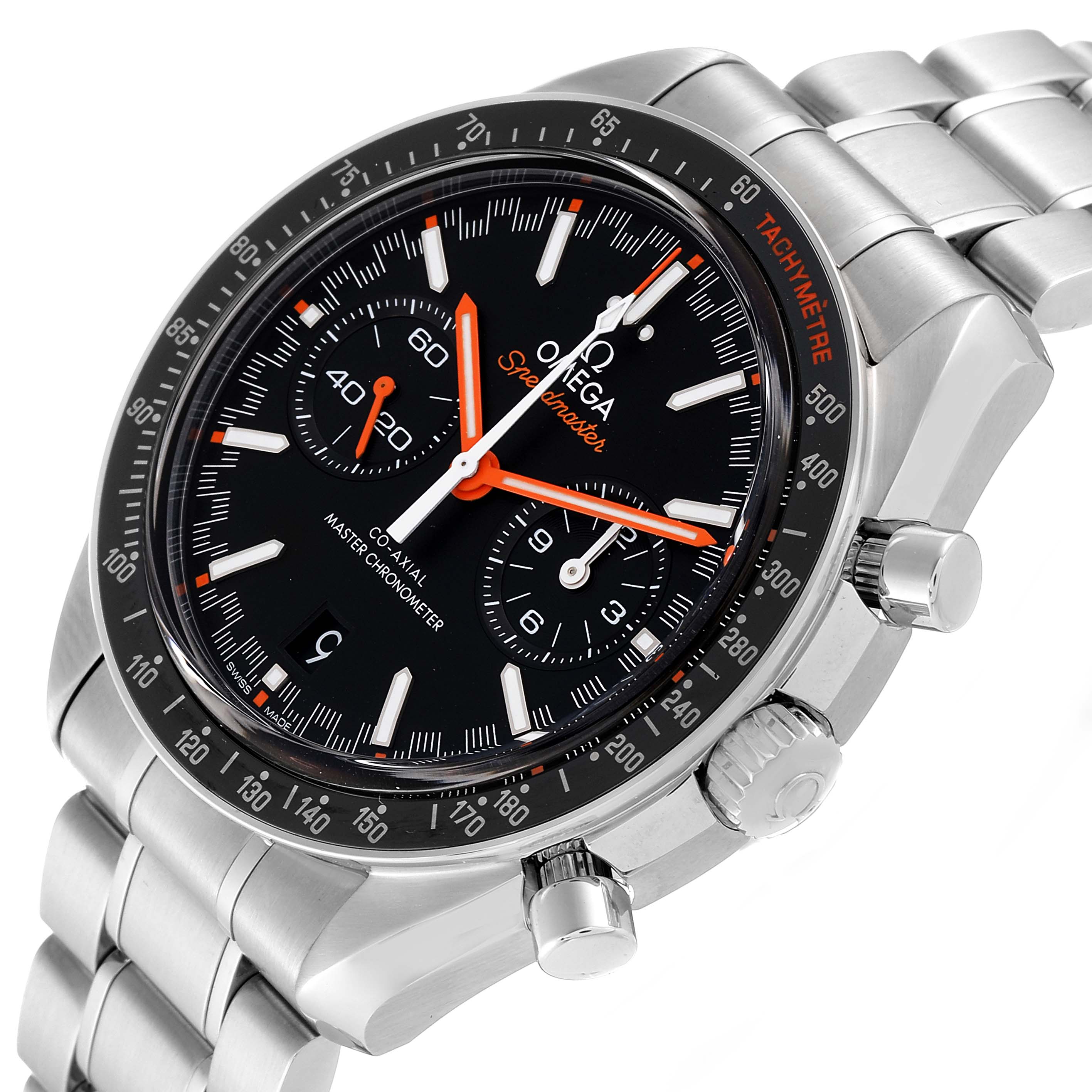 The image shows a three-quarter angle view of an Omega Speedmaster 329.30.44.51.01.002 Men
s Stainless Steel Black Dial 329.30.44.51.01.002 Men
s Stainless Steel Black Dial watch, highlighting the dial, tachymeter bezel, and metal bracelet.